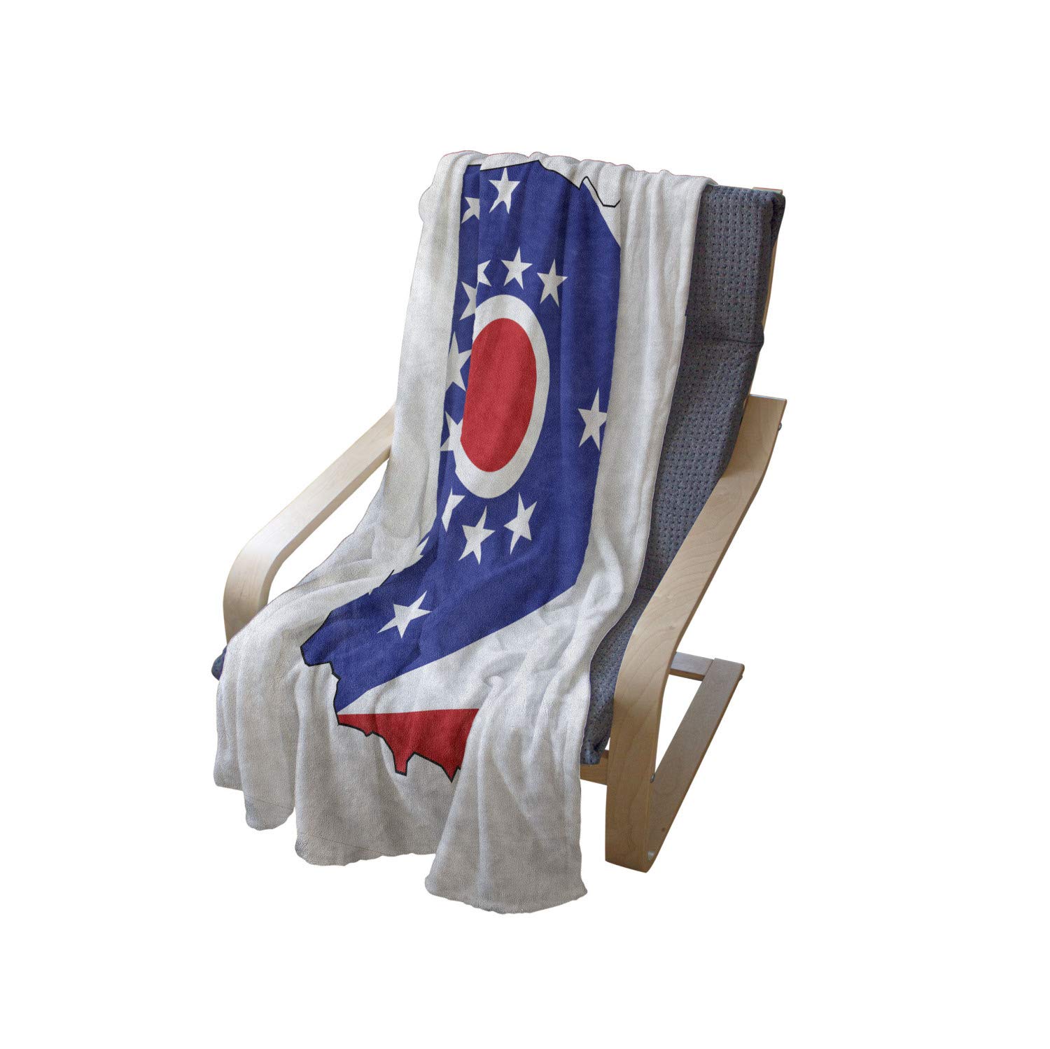 Lunarable Ohio Soft Flannel Fleece Throw Blanket - Buckeye State Outline Map with 17-Star Flag Design, Cozy Plush for Couch, Bed & Outdoor Use, 70x90 Inches, Red & Blue - Perfect for Camping, Picnics & Home Decor