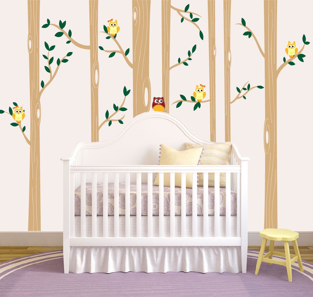 Whimsical Nursery Wall Decal Set - 7 Birch Trees with Owl & Birds Forest Vinyl Stickers for Baby Boy Room Decor (108