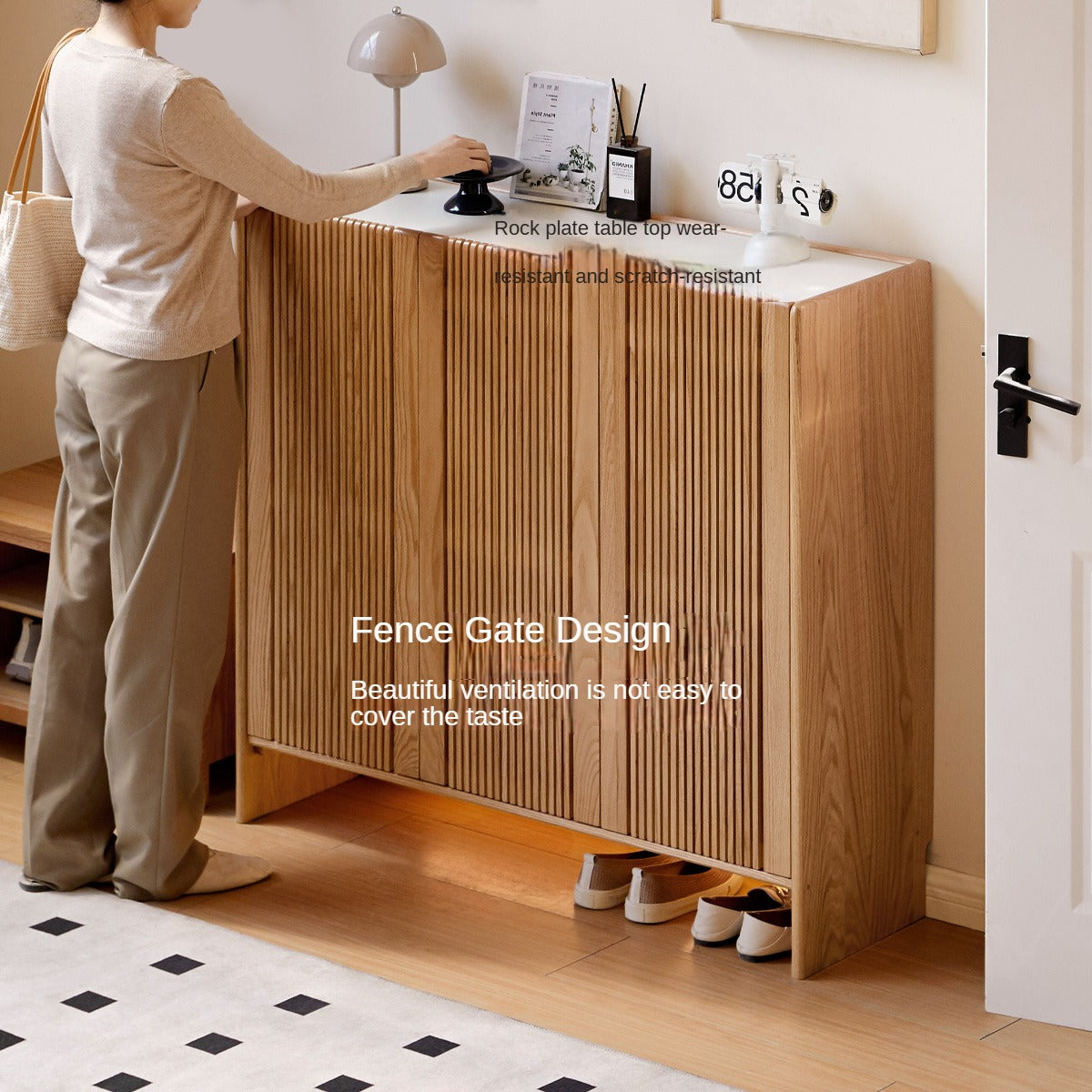 Solid Oak Wood Modern Minimalist Shoe Cabinet with Rock Plate - Perfect for Entryway, Living Room, and Bedroom Storage Organization