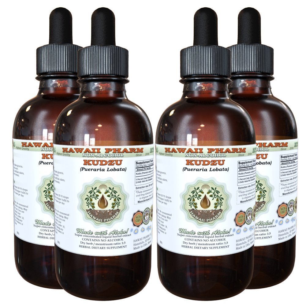 Organic Kudzu (Pueraria lobata) Alcohol-Free Liquid Extract - Natural Herbal Supplement by Hawaii Pharm - 4x4 oz Dried Root Glycerite - Supports Relaxation & Heart Health - Perfect for Tea, Smoothies & Wellness Routines