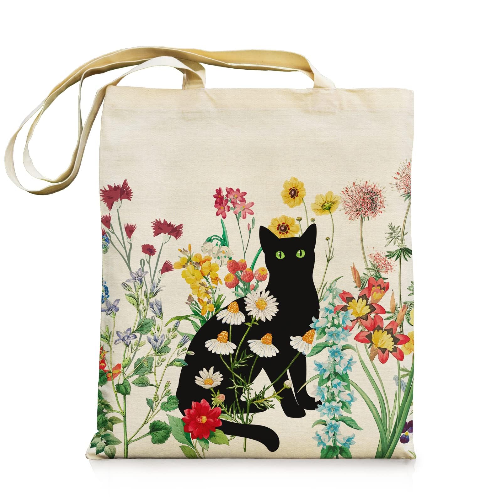 Vintage Black Cat Canvas Tote Bag with Zipper Pockets - Floral Print Reusable Grocery Shopping Bag - Cute Aesthetic Gift for Women Birthday, Work, Beach & Daily Use