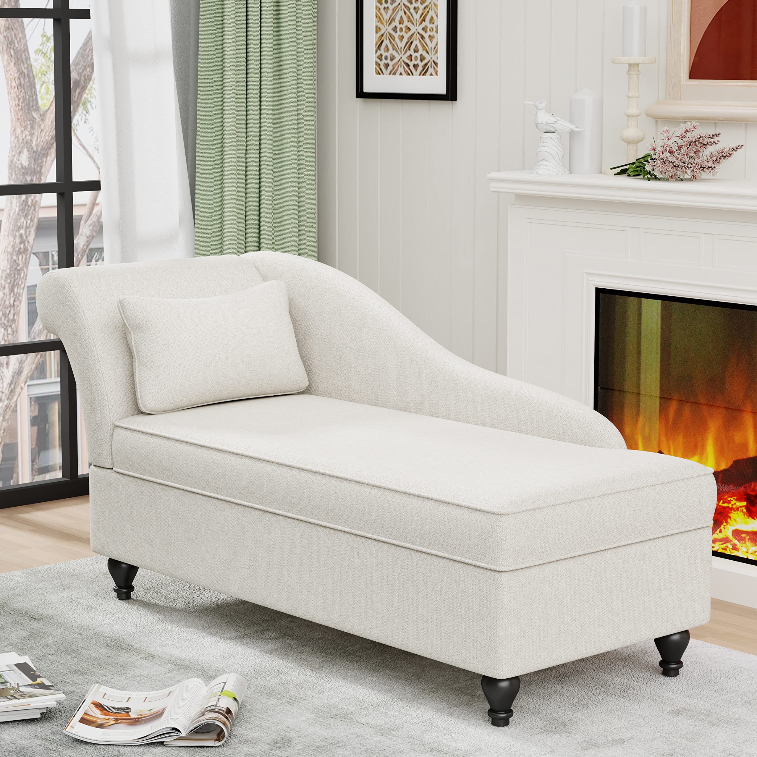 Yongqiang Upholstered Chaise Lounge Chair with Storage - Beige Fabric Left Armrest for Bedroom, Living Room & Office | Comfortable Seating with Hidden Storage Space | Perfect for Small Spaces, Reading Nooks & Guest Rooms