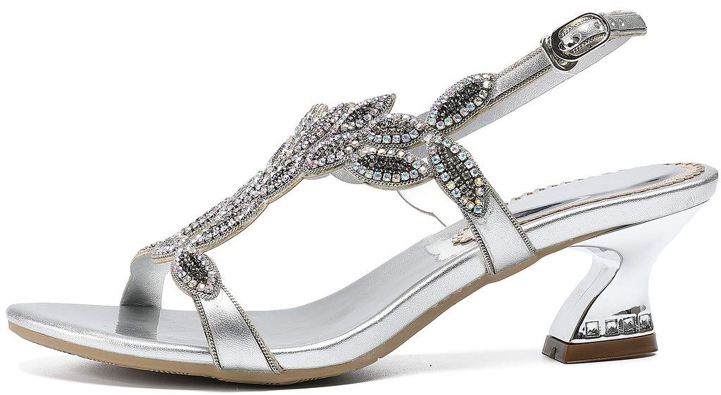 YooPrettyz Women's Elegant Crystal Evening Heels - Gold Chunky Low Heel Dress Sandals for Parties, Weddings & Formal Events