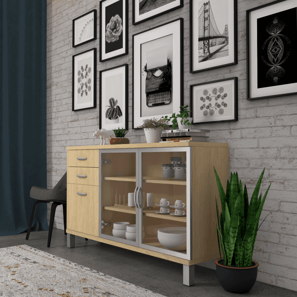 Lucetta Solid Maple Wood Buffet Hutch - 1.5m Wide Rustic Dining Room Storage Cabinet for China Display, Kitchen Organization & Home Decor