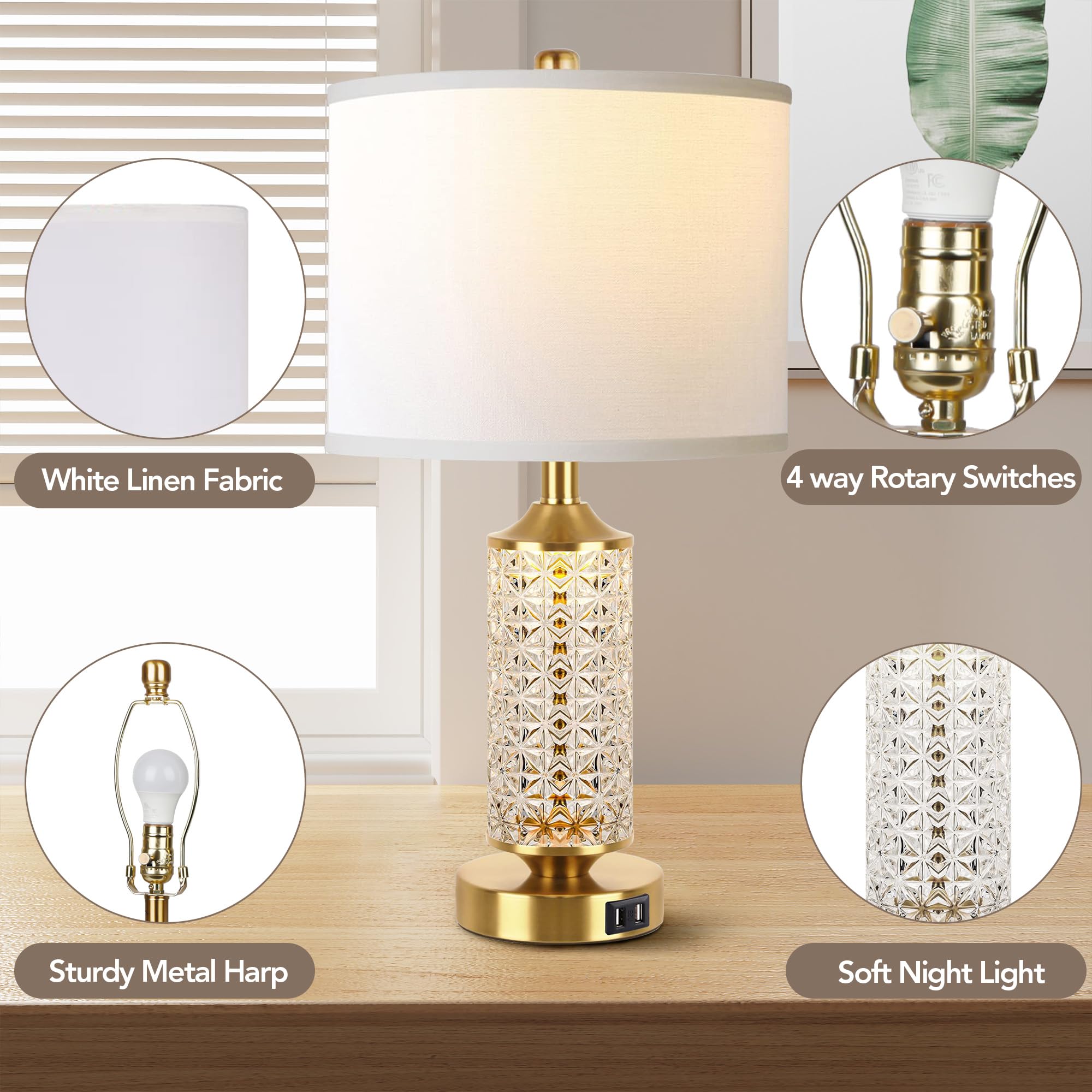 QiMH Set of 2 Modern USB Table Lamps with LED Night Light - Gold Bedside Lamps for Bedroom, Nightstand & Office - Includes 2 Bulbs - Perfect for Reading, Working & Creating Cozy Atmosphere
