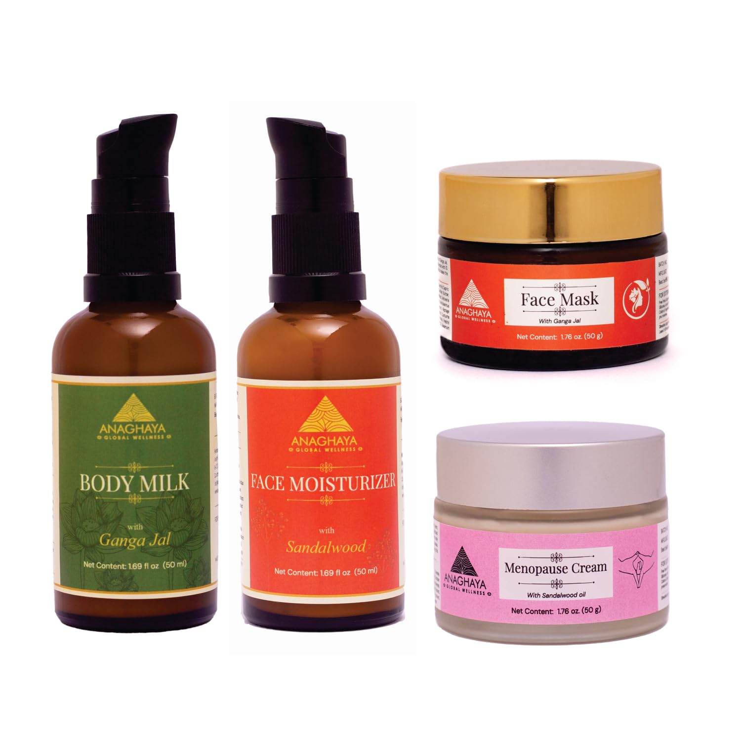 Anaghaya Ultimate Skincare Set for Women - Menopause Relief Cream, Hydrating Body Lotion, Daily Facial Moisturizer & Brightening Face Mask with Sandalwood, Ganges Water & Clarified Butter - Perfect for Dry Skin Care & Anti-Aging Routine