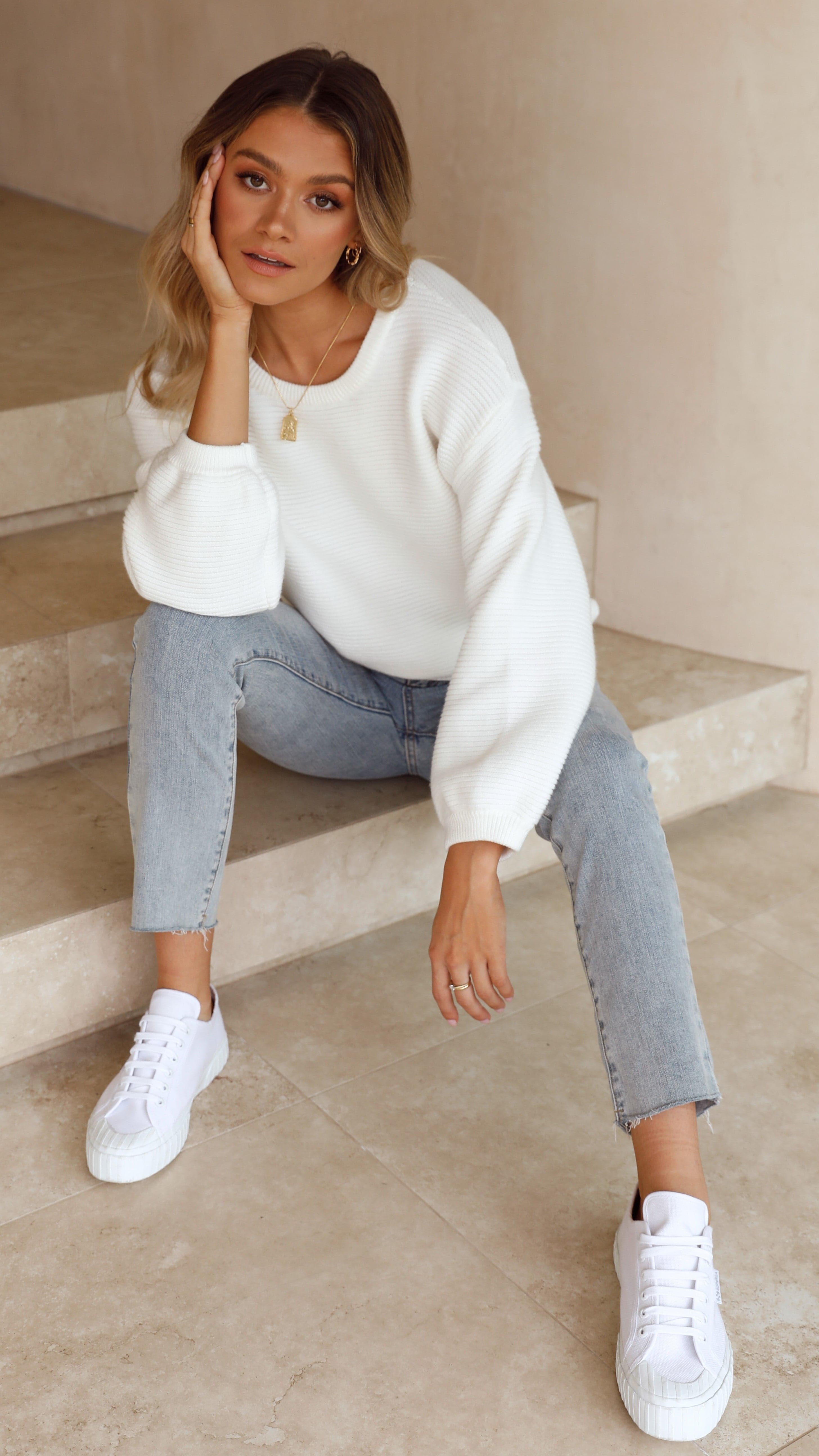 Carmel Knit Sweater - Soft White Women's Pullover for Casual Wear & Fall Fashion