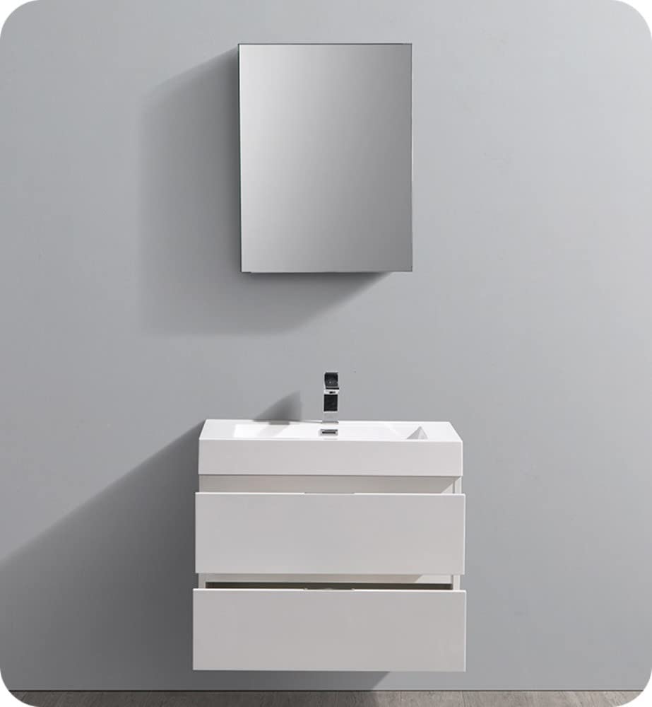 Fresca Valencia 30 Inch Glossy White Wall Mounted Modern Bathroom Vanity Cabinet - Sink Not Included | Space Saving Storage Solution for Small Bathrooms & Powder Rooms