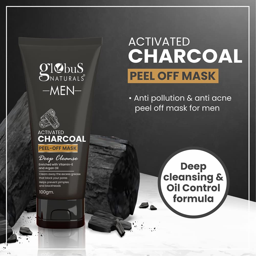 Globus Naturals Charcoal Anti-Pollution Face Care Combo for Men - 3-Piece Set with Face Wash, Scrub & Peel Off Mask | Deep Cleansing & Detoxifying Skincare Routine for Oily & Acne-Prone Skin