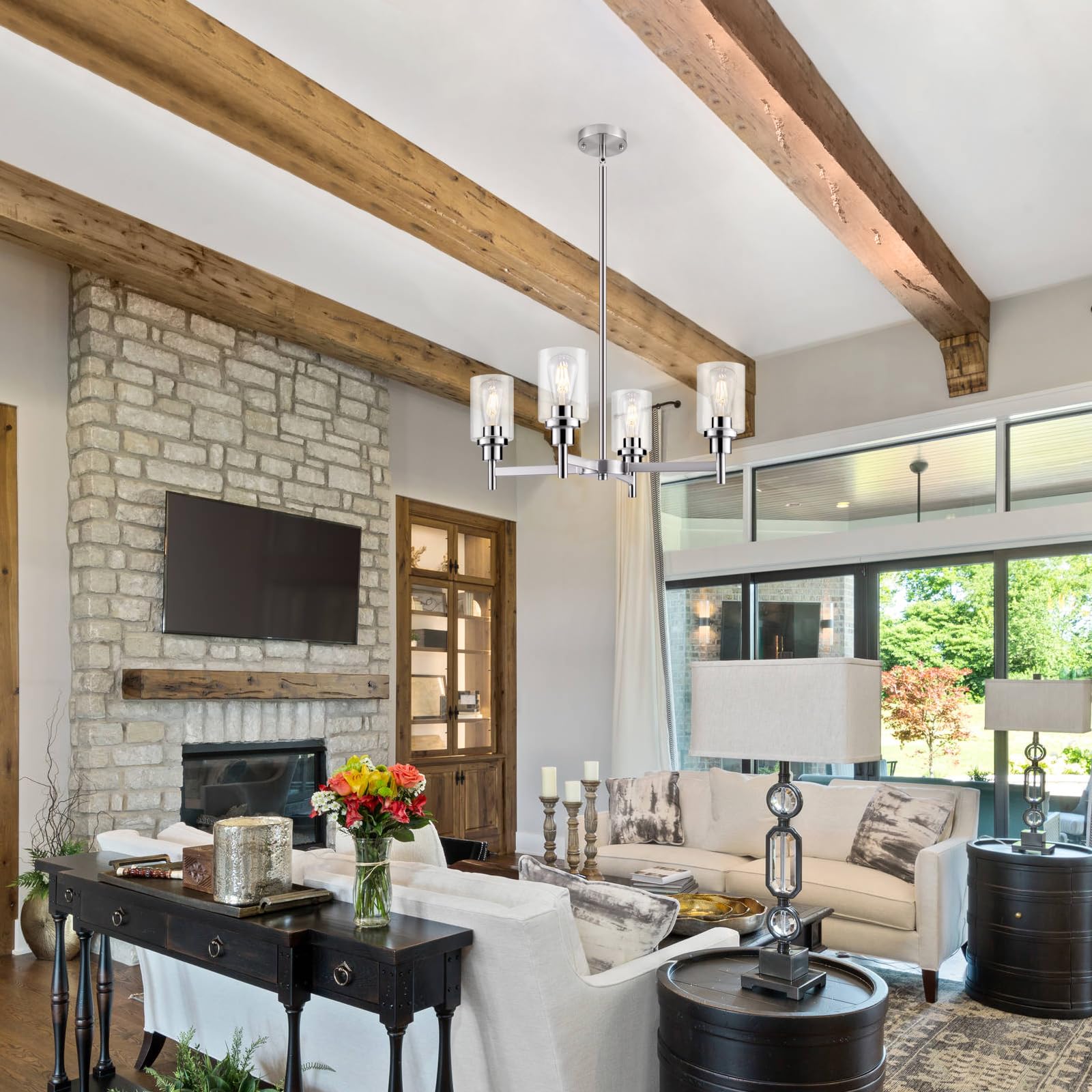 4-Light Brushed Nickel Chandelier - Modern Farmhouse Pendant Ceiling Light with Glass Shade for Dining Room, Kitchen Island, Foyer & Hallway | Elegant Lighting Fixture for Home Decor & Interior Design