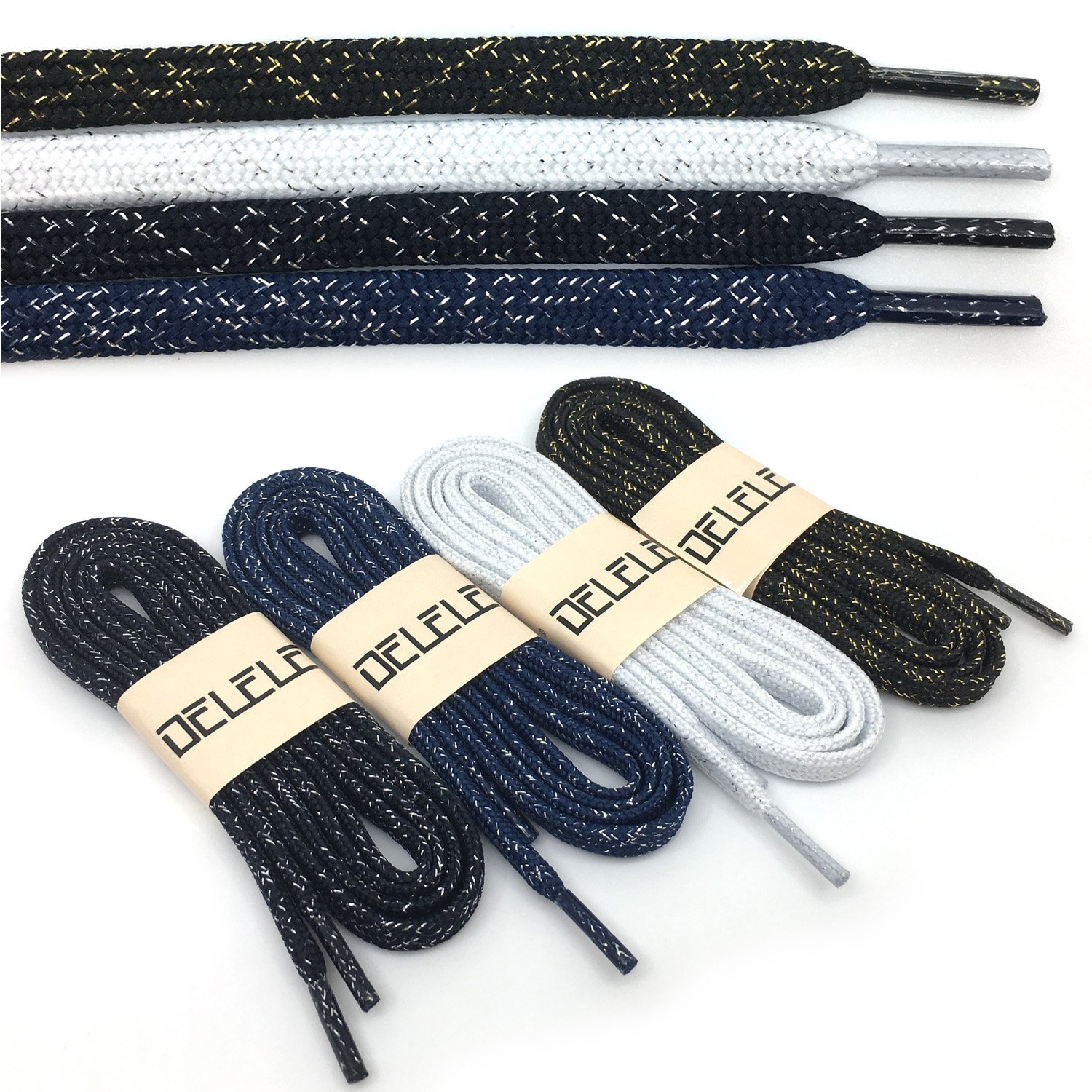 Premium DELELE Thick Flat Shoelaces - Gold & Silver Silk Woven Shoe Laces (2 Pairs) for Dress Shoes, Loafers & Formal Footwear - Elegant & Durable Lace Upgrade
