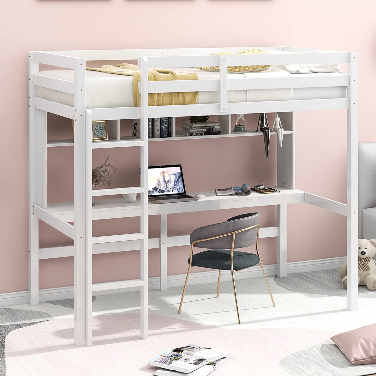 Twin Loft Bed with Desk and Shelves - Wooden Kids Loft Bed for Boys & Girls - Space-Saving Dorm Furniture - Study & Sleep Solution for Teens - White (Perfect for Small Bedrooms & College Dorms)