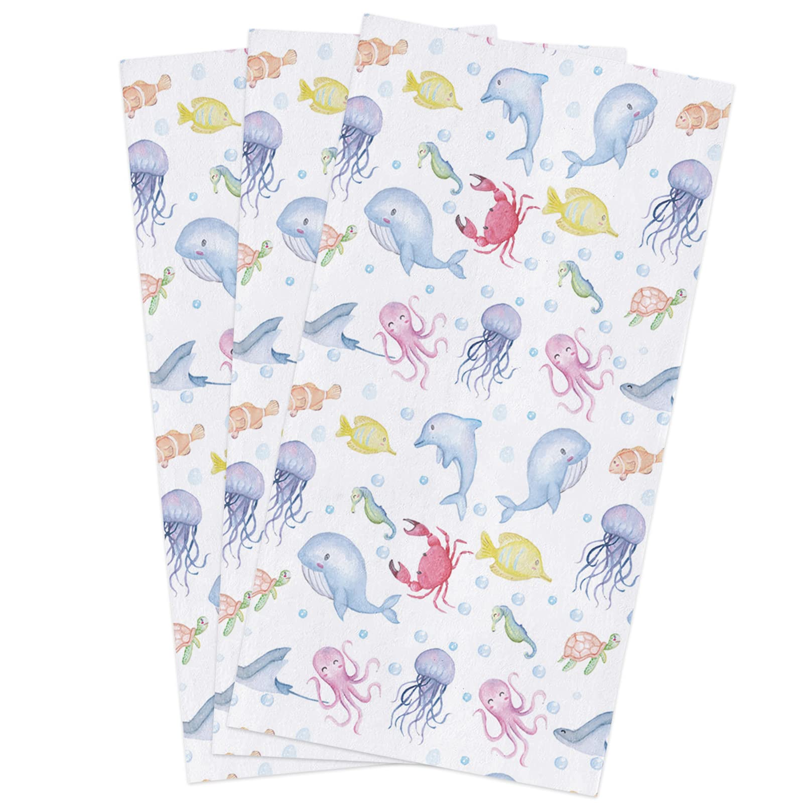 Premium Ocean Theme Kitchen Towels Set - 3 Pack Soft Cotton Dish Cloths, Tea Towels & Hand Towels (16x28 Inches) with Whale & Sea Animal Designs - Perfect for Cooking, Cleaning & Home Decor