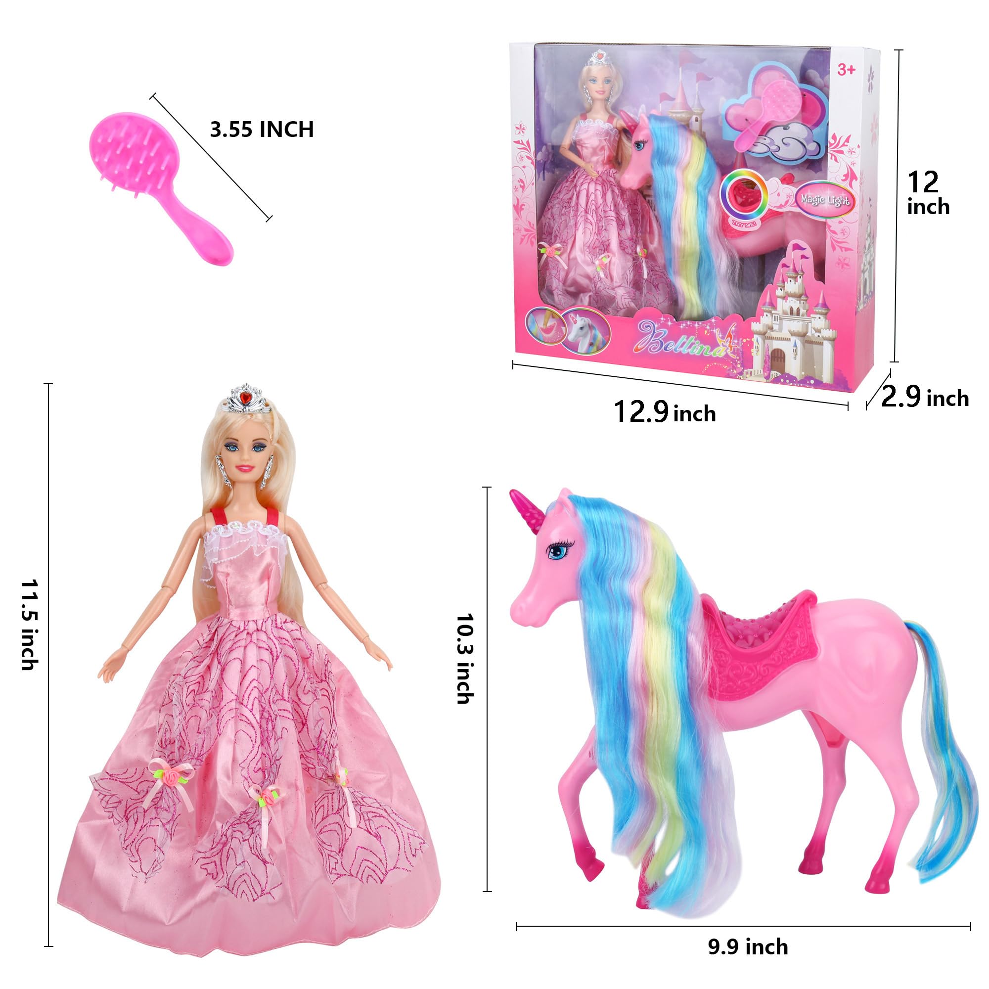 BETTINA Magical Light Up Unicorn Princess Doll Set - Glowing Unicorn Toys for Girls with Flowing Mane & Tail - Perfect Princess Gift for Kids - Birthday, Christmas & Playtime Fantasy Adventures