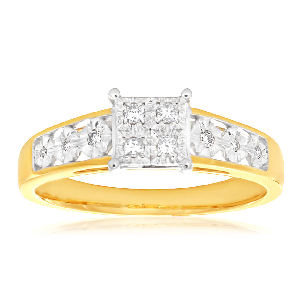 9ct Yellow Gold 10 Diamond Elegant Ring for Women - Perfect for Engagement, Anniversary & Special Occasions