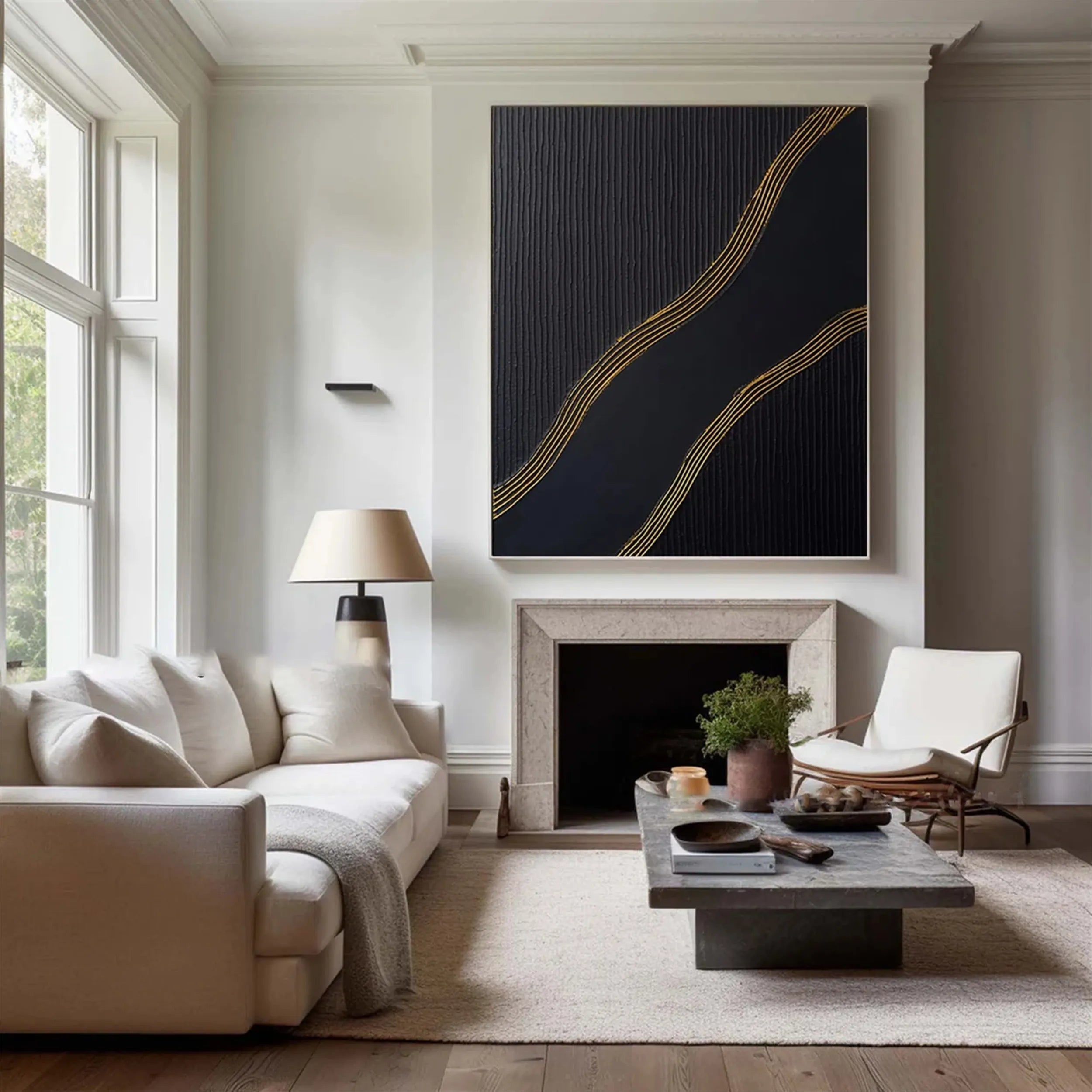 Black Gold Minimalist Textured Abstract Wall Art Painting #MZ084 - Modern Home & Office Decor for Living Room, Bedroom, or Workspace