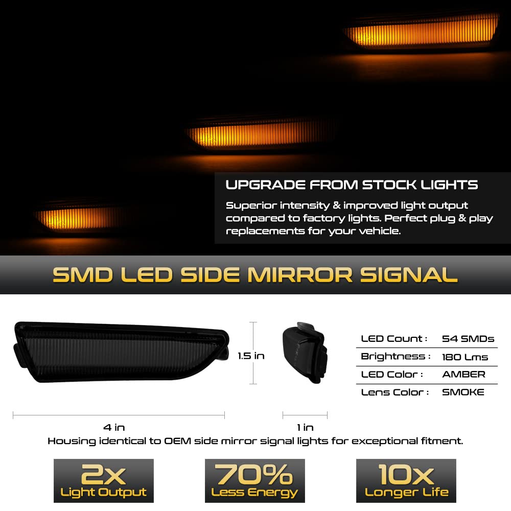 VIPMOTOZ Sequential Amber LED Tube Side Mirror Turn Signal Lights - Compatible with 2011-2023 Chrysler 300 - Smoked Tinted Lens & Black Housing - Driver & Passenger Side Pair Set - Enhances Safety & Style for Night Driving and Custom Car Looks