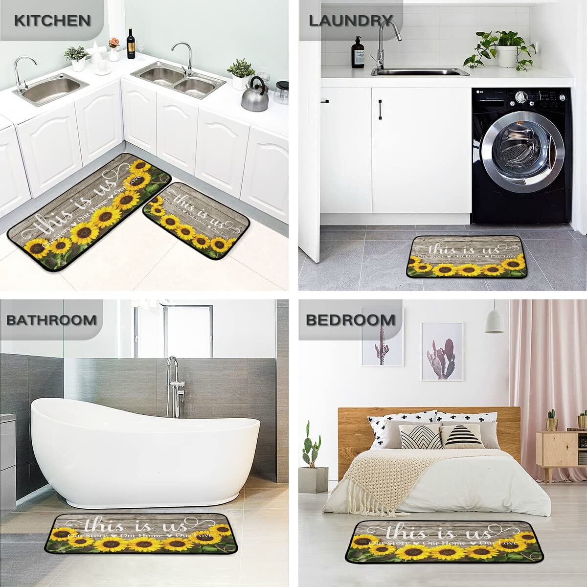 Sunflowers Non-Slip Washable Kitchen Rugs and Mats Set of 2 - Decorative Runner for Home, Kitchen, Laundry, and Bathroom Floors