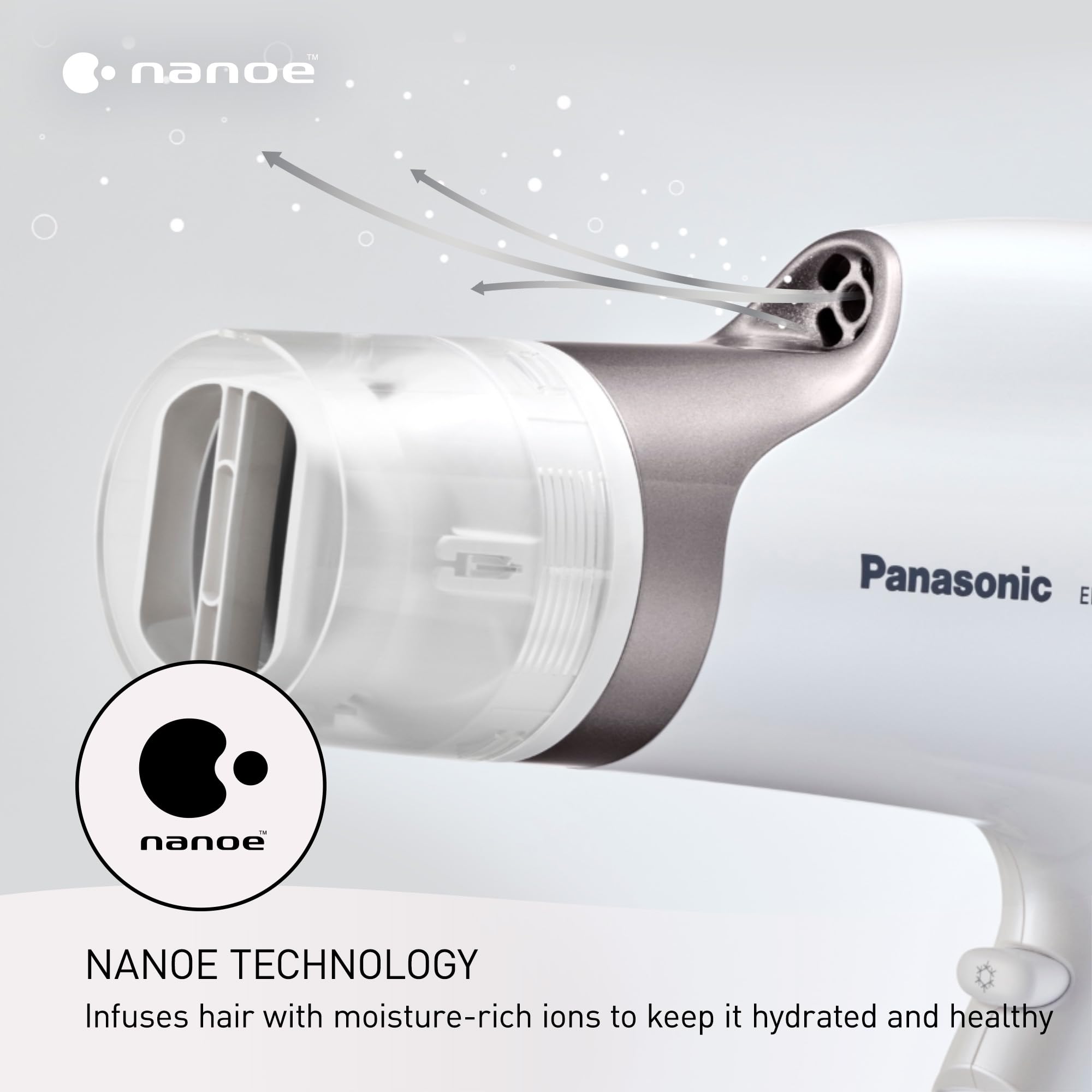 Panasonic Nanoe Hair Dryer EH-NA67-W - Salon Quality Blow Dryer with Oscillating QuickDry Nozzle, Diffuser & Concentrator Attachments, 3 Heat & Speed Settings for Fast Drying & Healthy Hair - Perfect for Home & Professional Styling (White)