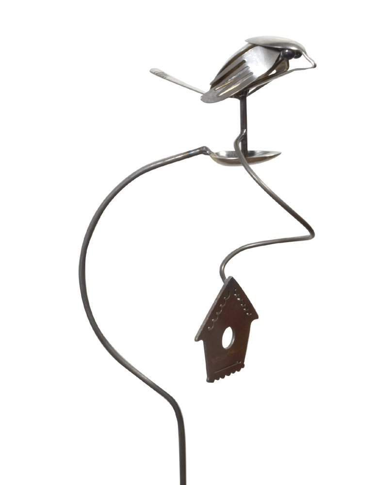 American Made Flatware Finch Balancing Garden Stake - Upcycled Utensil Sculpture for Outdoor Decor and Bird Watching