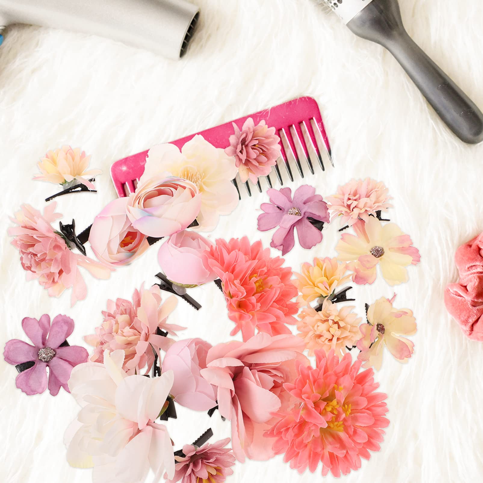 LALAFINA 21pcs Boho Flower Hair Clips Set - Alloy Hair Claw Clips with Silk Flowers, Hair Bows & Brooch Pins for Women, Girls, Brides - Perfect for Weddings, Parties, Festivals & Everyday Boho Style