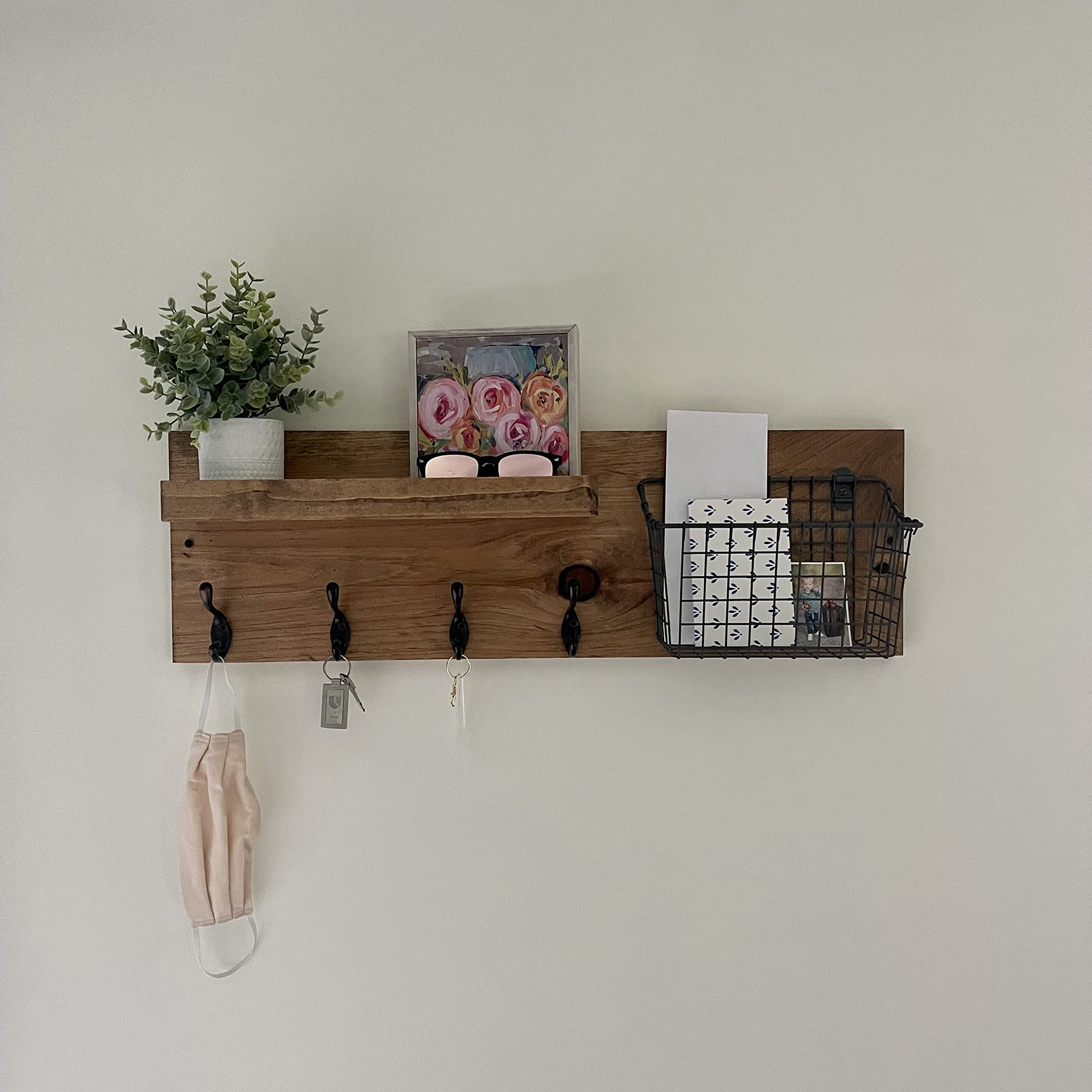 Wall Mounted Entryway Organizer with Mail Basket, Key Hooks & Coat Hooks - Perfect for Home, Office & Apartment Organization