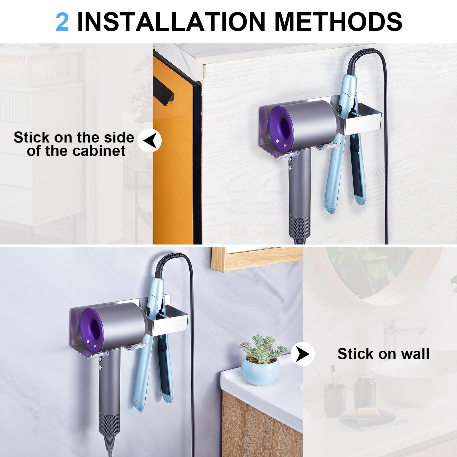 Wall Mounted Hair Straightener & Blow Dryer Holder - Stainless Steel Adhesive Organizer for Curling Irons & Hair Tools | Perfect for Bathroom Storage & Vanity Organization