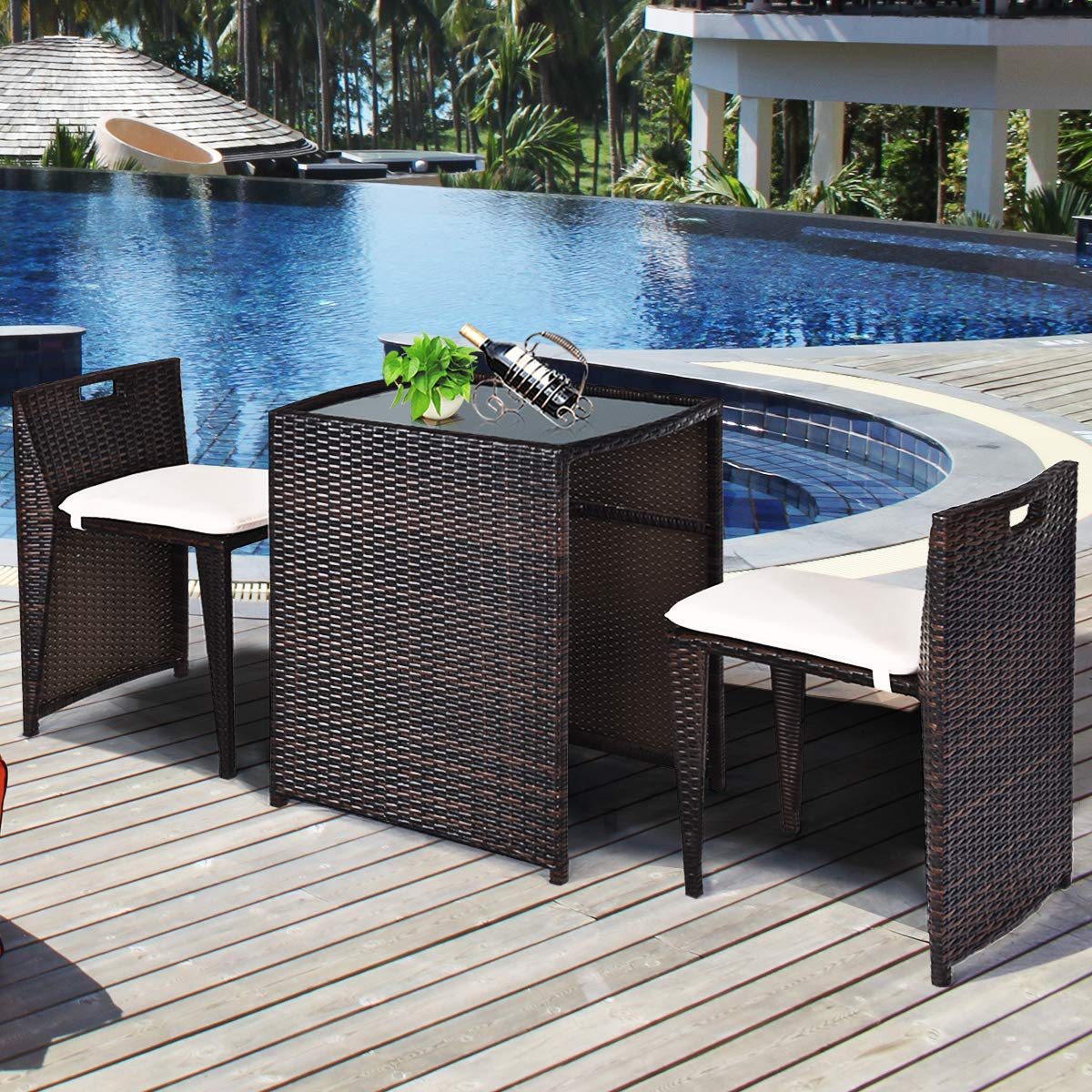 RELAX4LIFE 3-Piece Outdoor Patio Furniture Set - PE Rattan Wicker Bistro Set with Cushions & Glass Top Table, Brown - Perfect for Garden, Balcony, Poolside & Backyard Relaxation