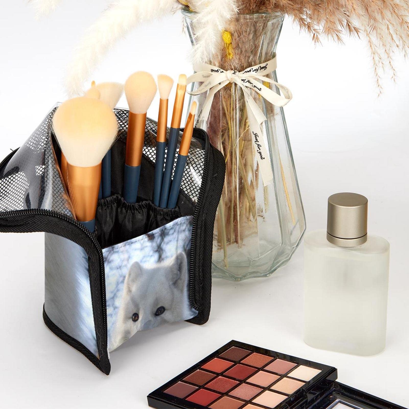 12-Piece Makeup Brush Organizer Bag with Cute White Fox Design - Portable Cosmetic Brush Holder Case for Travel, Home, and Professional Use