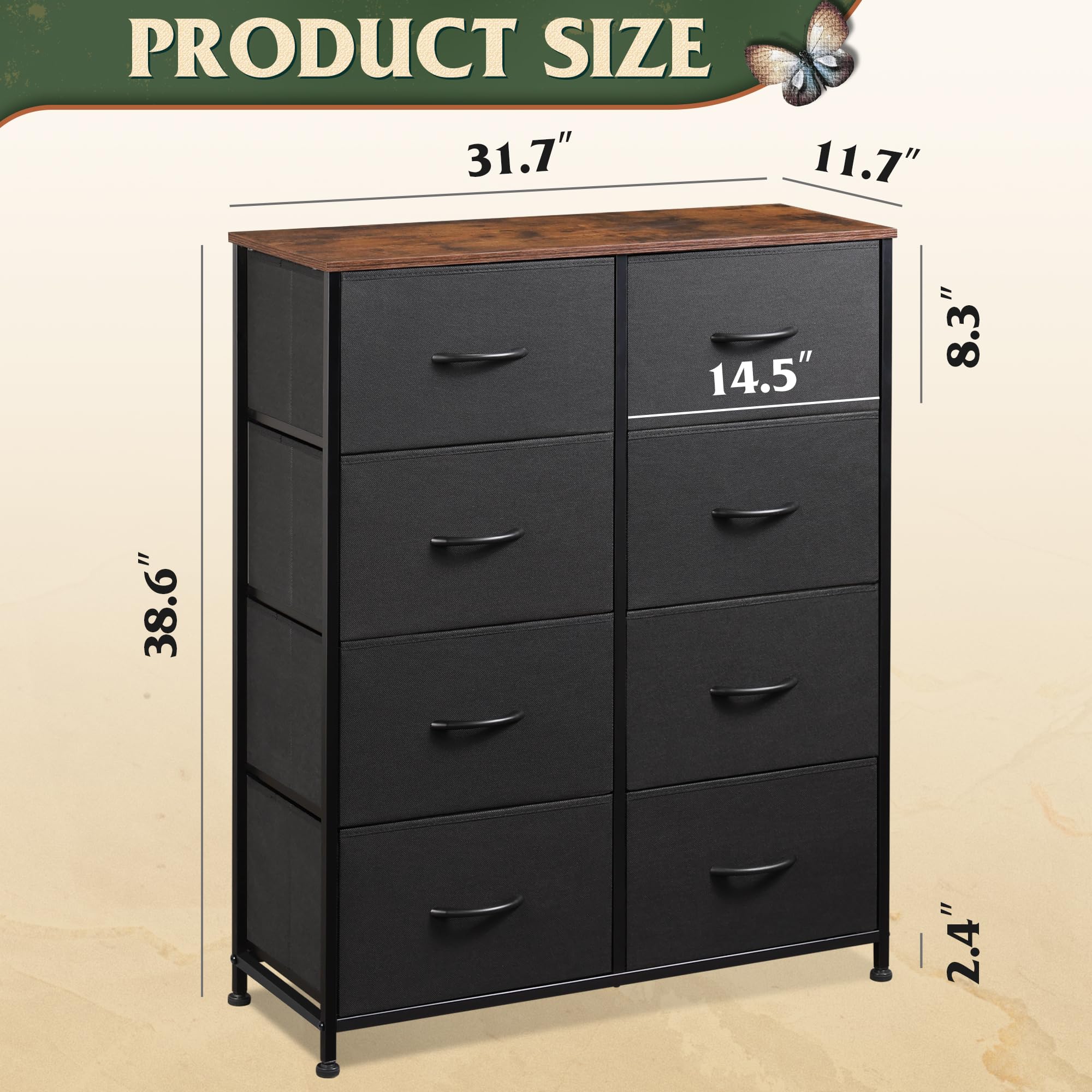 WLIVE 8-Drawer Fabric Dresser for Bedroom - Tall Storage Tower with Fabric Bins, Double Dresser Chest for Closet, Living Room & Hallway - Black & Rustic Brown - Perfect for Organizing Clothes, Toys & Home Essentials