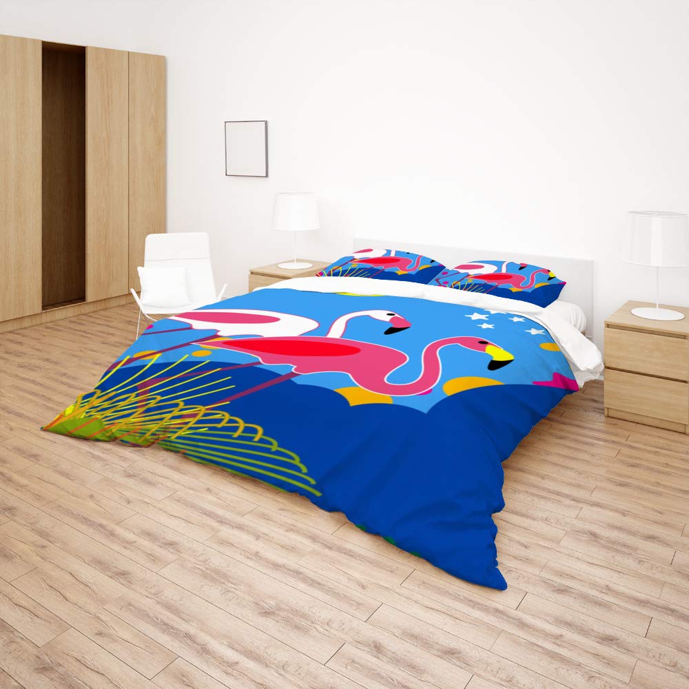 King Duvet Cover Set 3 Pieces - Tropical Flamingo & Exotic Plant Print Luxury Bedding for Kids, Women & Teens - 2 Pillow Shams, Zipper Closure, All-Season Polyester - Perfect for Bedroom Decor, Guest Room & Vacation Home Styling
