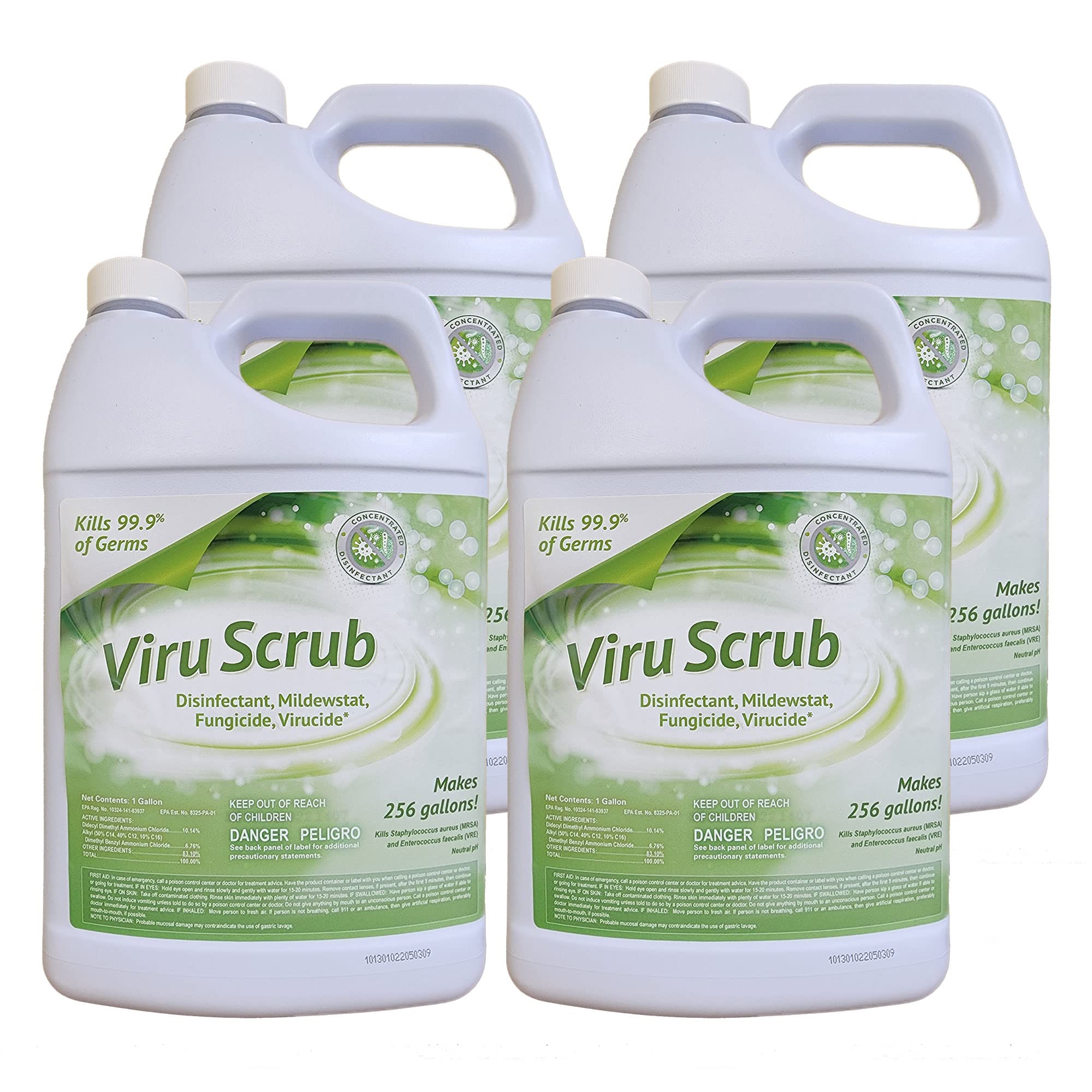 ViruScrub Concentrated Disinfectant - EPA Registered Virucide, Mildewcide & Fungicide - Lemon Scent - 1 Gallon (4-Pack Case) - Ideal for Hospitals, Schools & Home Cleaning