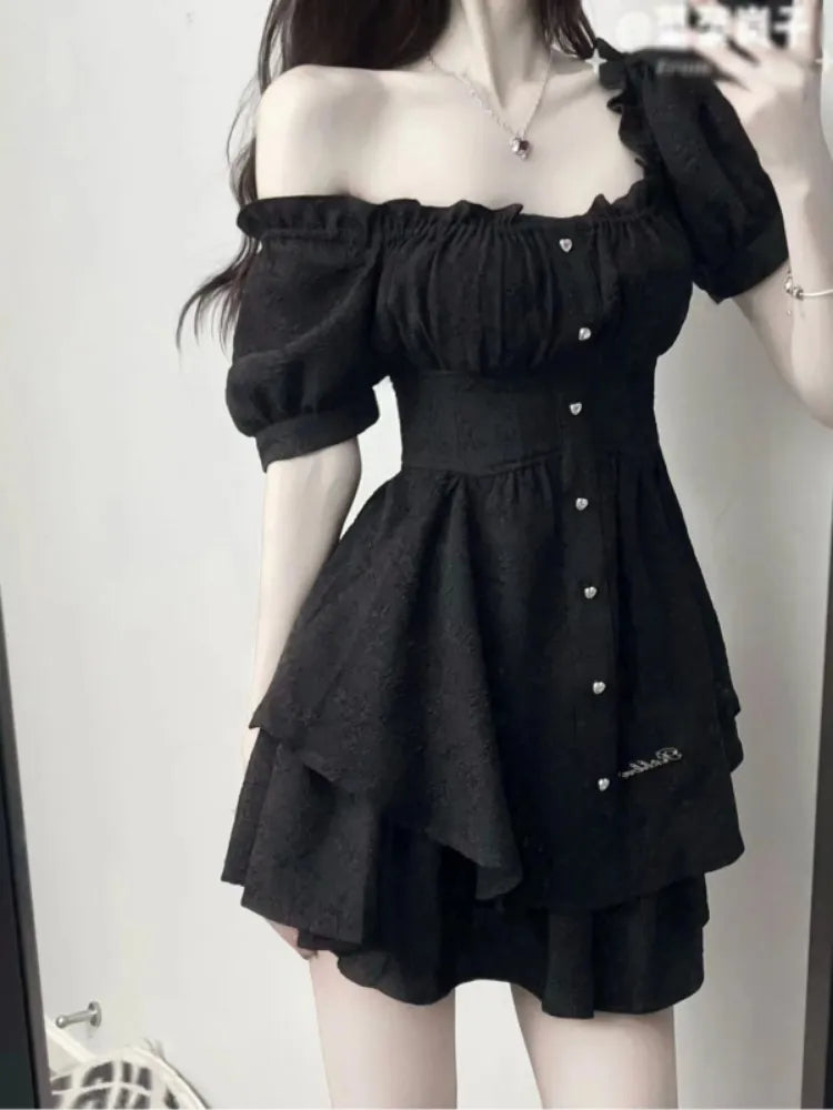 Black Mini Gothic Dress with Puff Sleeves & Square Collar | Korean Fashion Party Dress | Summer Sundress for Women | Perfect for Night Out, Date Night & Special Occasions
