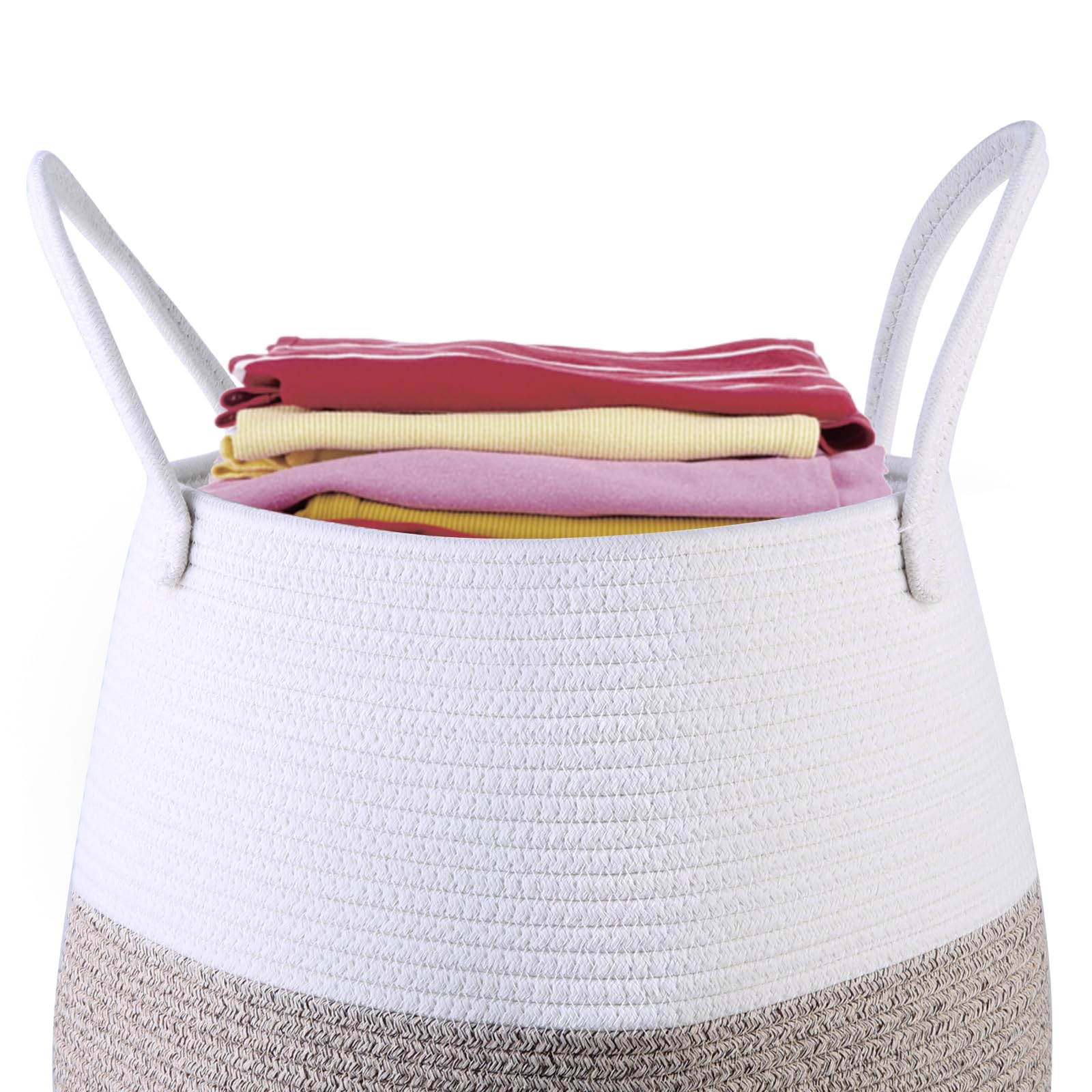 Large Woven Laundry Basket with Handles - Tall Nursery Hamper for Baby Clothes, Blankets & Towels | Round Storage Basket for Organizing Kids' Dirty Clothes & Living Room Essentials | Decorative Fabric Cotton Basket in Brown-White | Perfect for Nursery, Bedroom & Bathroom Storage