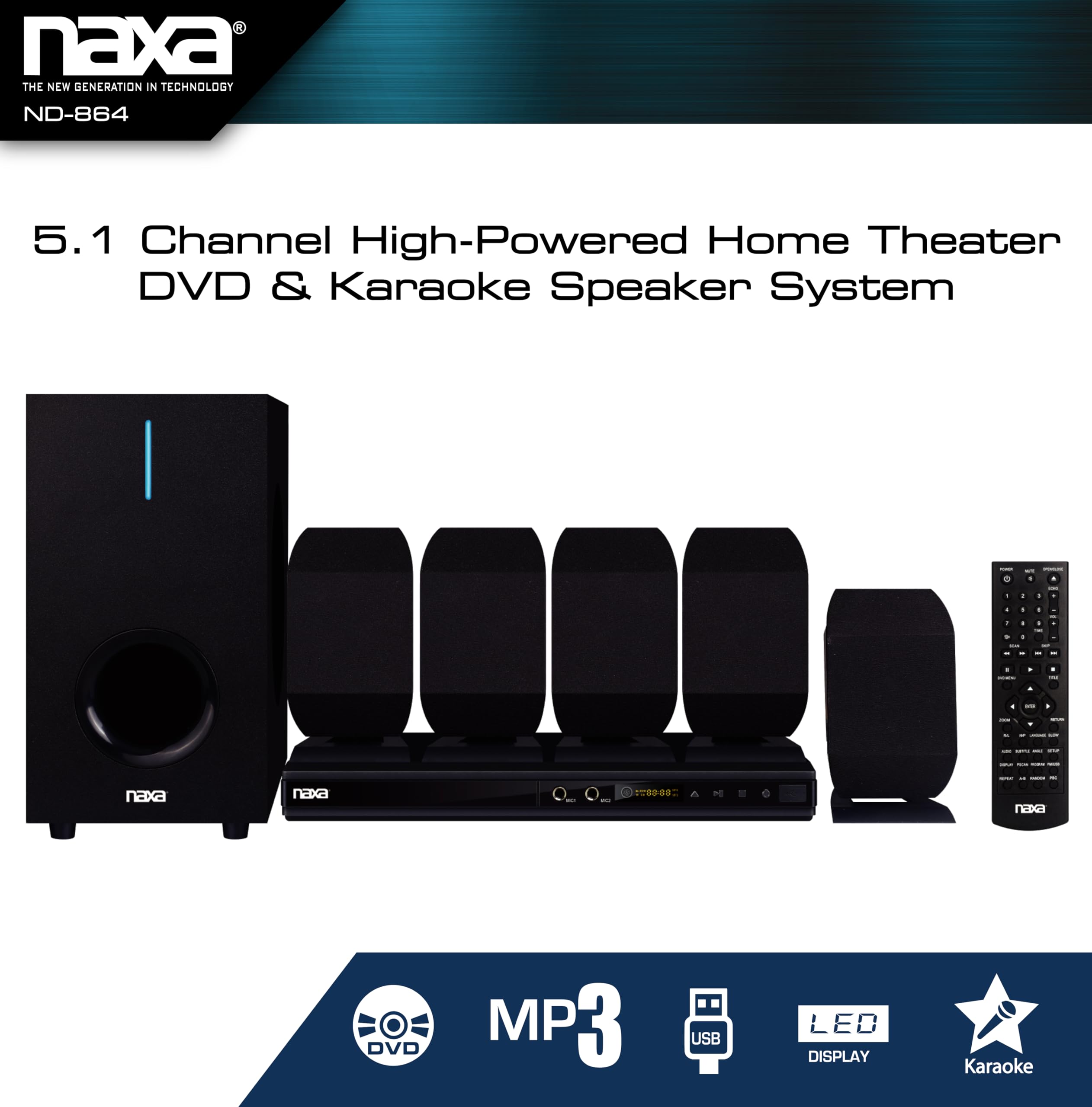 Naxa Electronics ND-864 5.1 Channel High-Powered Home Theater DVD & Karaoke Speaker System with Remote - Perfect for Movie Nights, Gaming, and Home Entertainment Parties