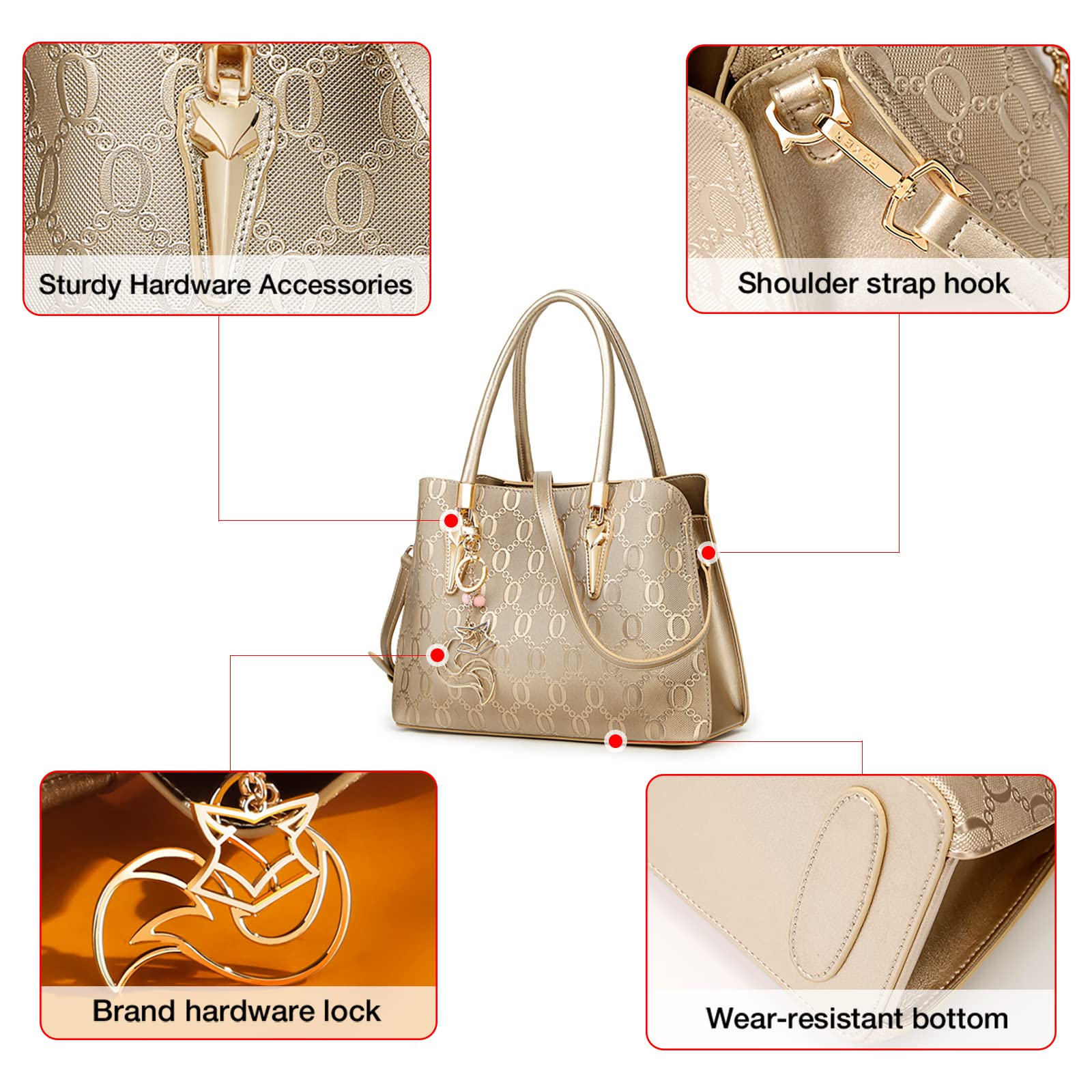 FOXLOVER Women's Cow Leather Top-Handle Satchel Handbag with Chain Pattern & Magnetic Zipper Closure - Crossbody Strap for Work, Travel & Everyday Use