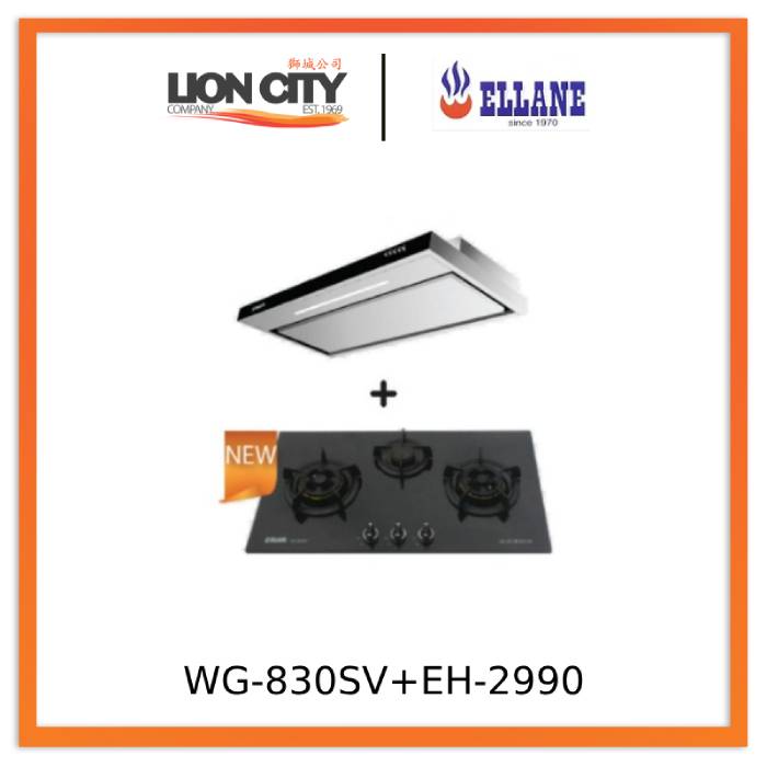 Ellane EH 2990 90cm Stainless Steel Slimline Range Hood + Ellane WG 830SV 87cm 3 Burner Glass Gas Cooktop with Safety Features - Perfect for Modern Kitchens and Home Cooking