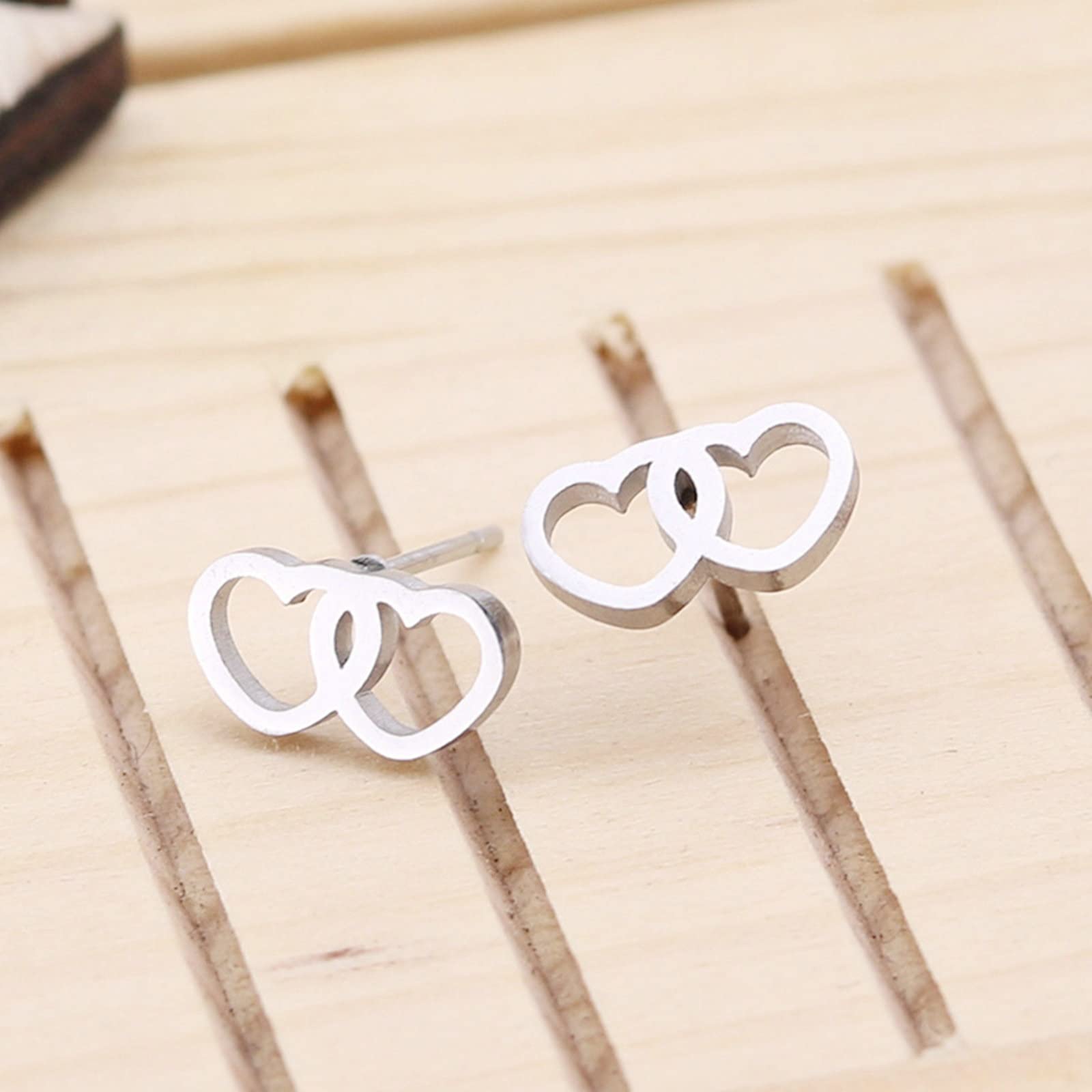 Titanium Stud Earrings for Women - 3 Pairs Silver Black Gold Double Hollow Heart Earrings | Hypoallergenic, Lightweight Jewelry for Everyday Wear, Gift Giving & Special Occasions