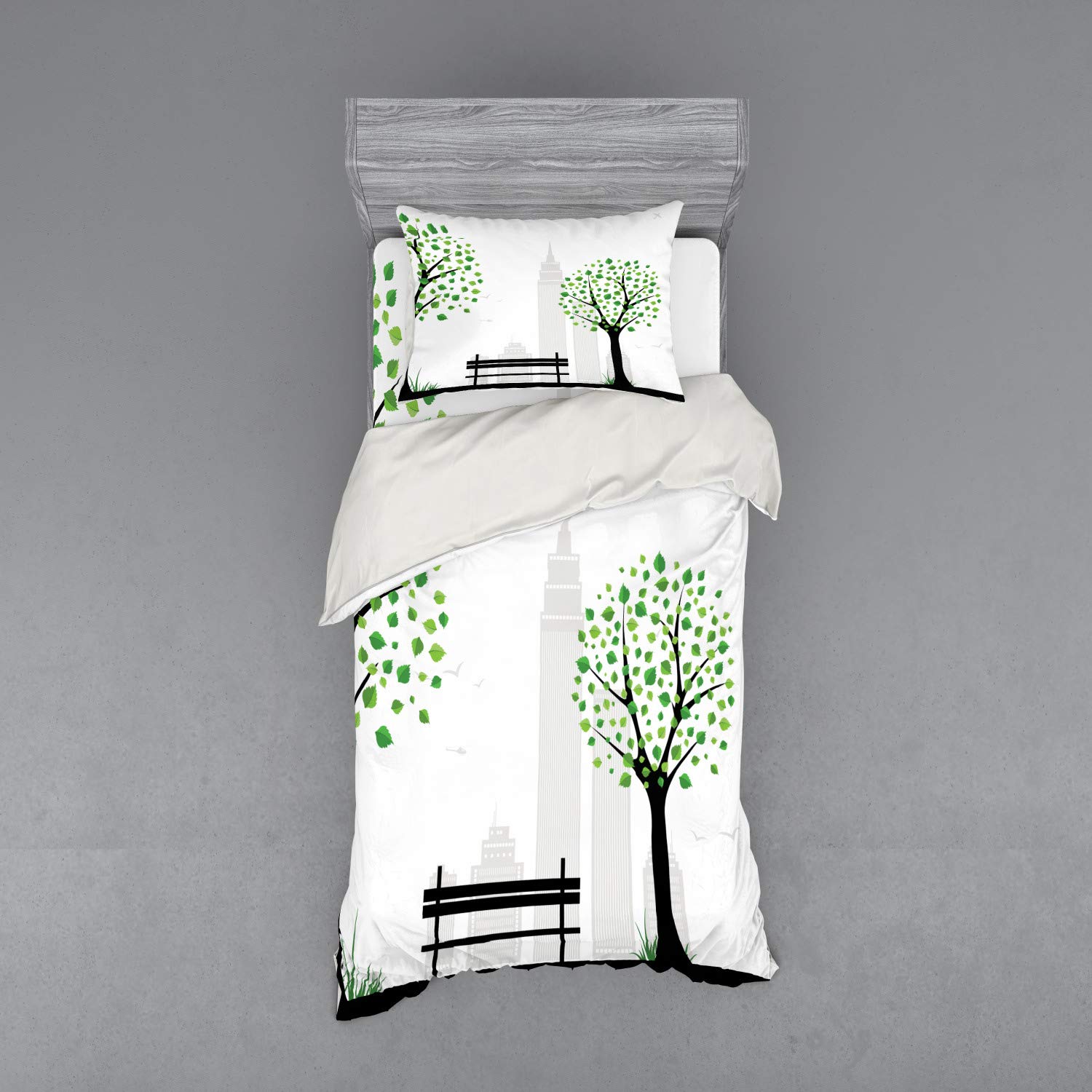 Ambesonne Bohemian Leaf Print Duvet Cover Set - 3 Piece Twin XL Bedding with Sham & Fitted Sheet - Minimalist City Design with Green Black Leaf Patterns - Perfect for Boho Chic Bedrooms & Guest Rooms