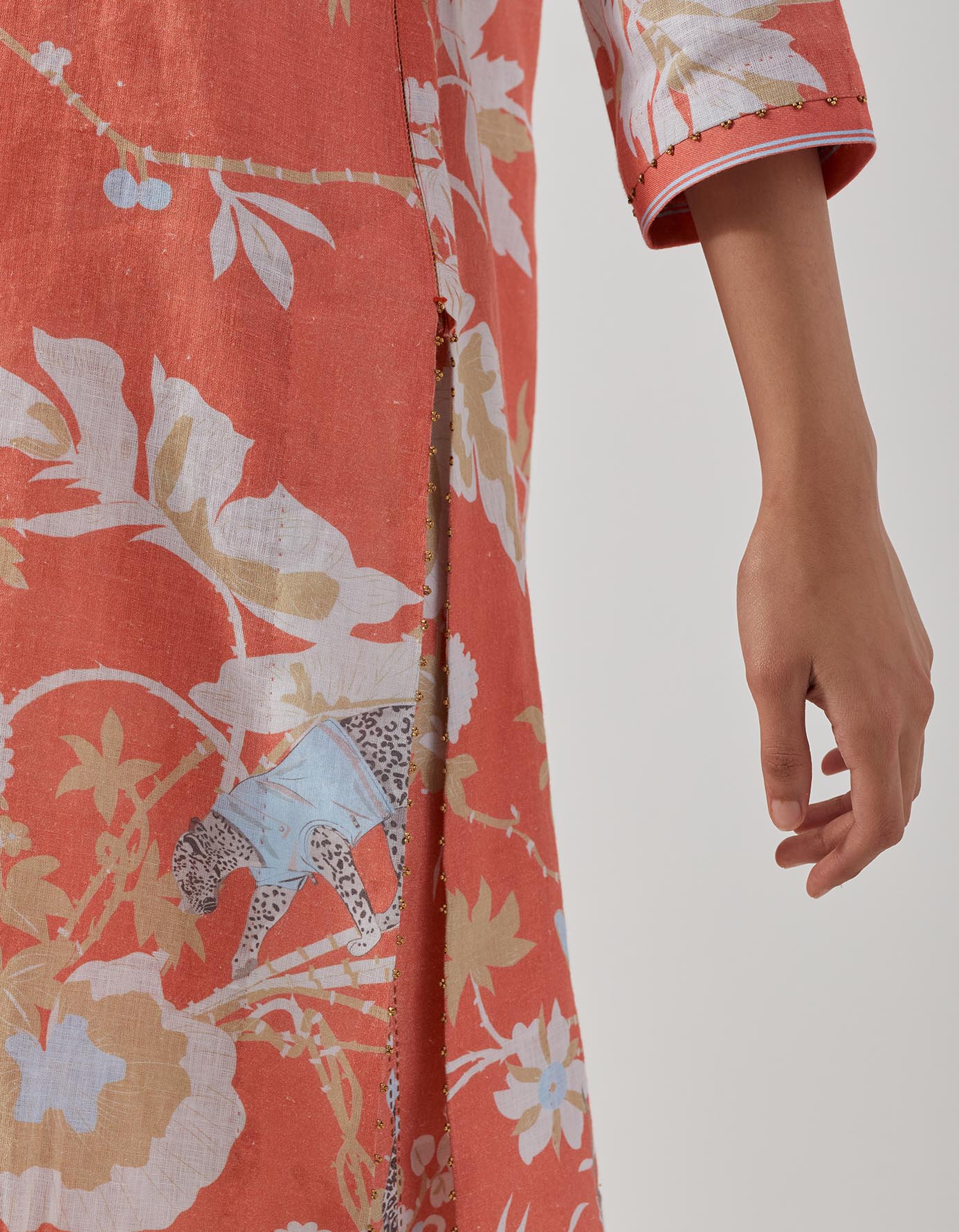 Stylish V Neck Kurta for Women - Soft Linen Fabric in Coral - Perfect for Casual Wear, Summer Outfits, and Boho Fashion