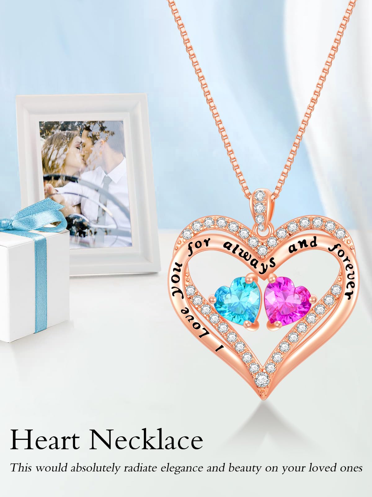 Rose Gold Heart Double Birthstone Necklace - Personalized Birthstone Jewelry for Women, Wife, Girlfriend, Mom & Grandma - 12 Gemstone Options - Meaningful Birthday, Mother's Day & Anniversary Gift - Perfect for Valentine's Day, Weddings & Special Occasions