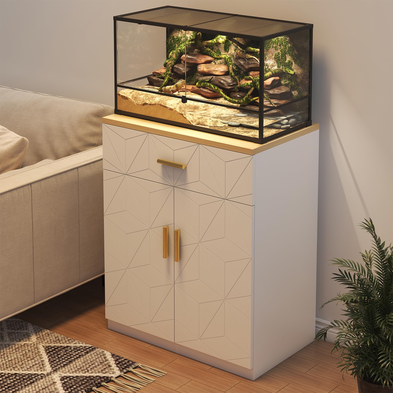 20 Gallon Fish Tank Stand with Charging Station & Storage - White Aquarium Cabinet with Drawer - Sturdy 10 Gallon Tank Table for Living Room, Bedroom or Office Decor