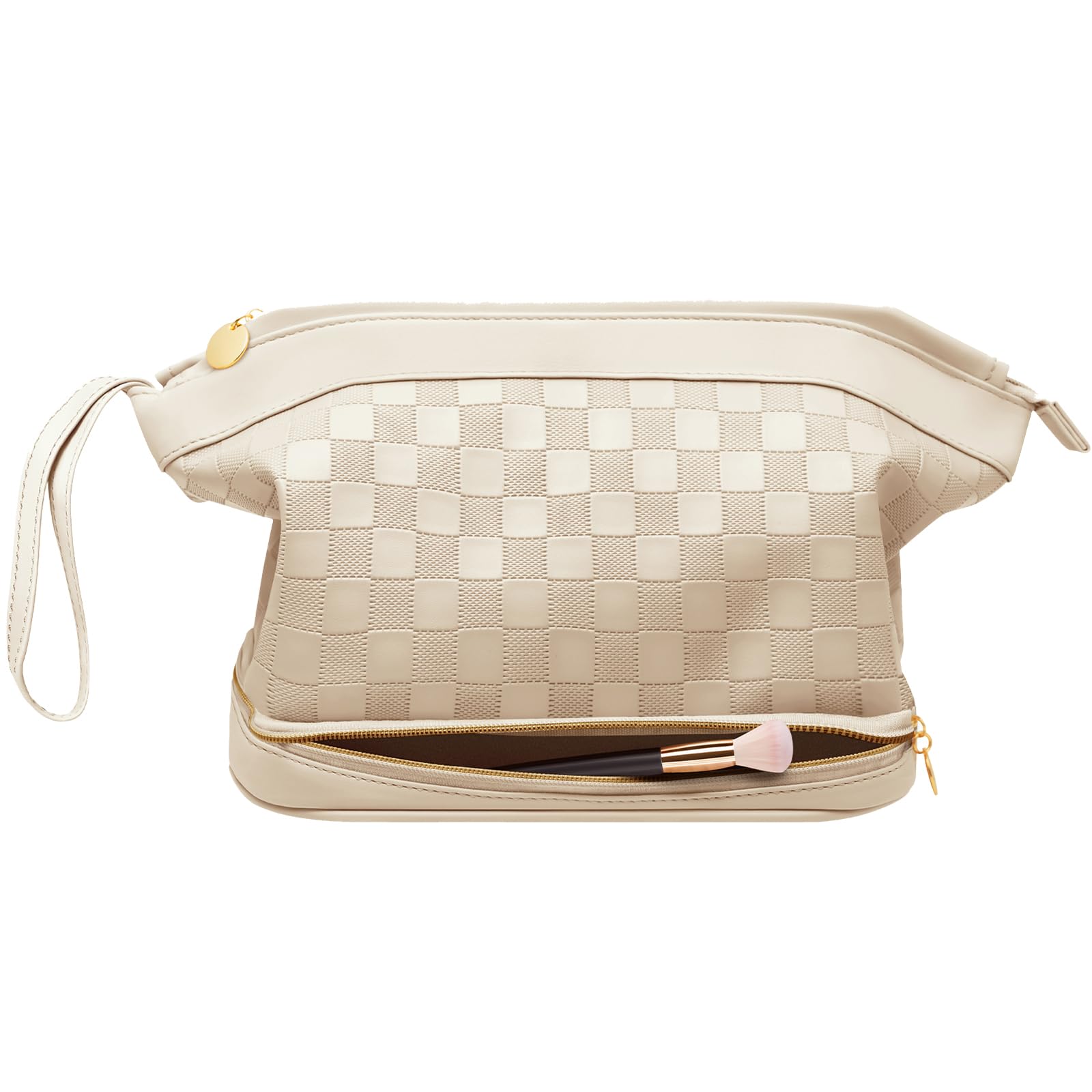 Large Double Layer Leather Makeup Bag Organizer - Waterproof Travel Cosmetic & Toiletry Bag for Women & Girls (Beige) - Perfect for Travel, Gym, and Daily Makeup Storage