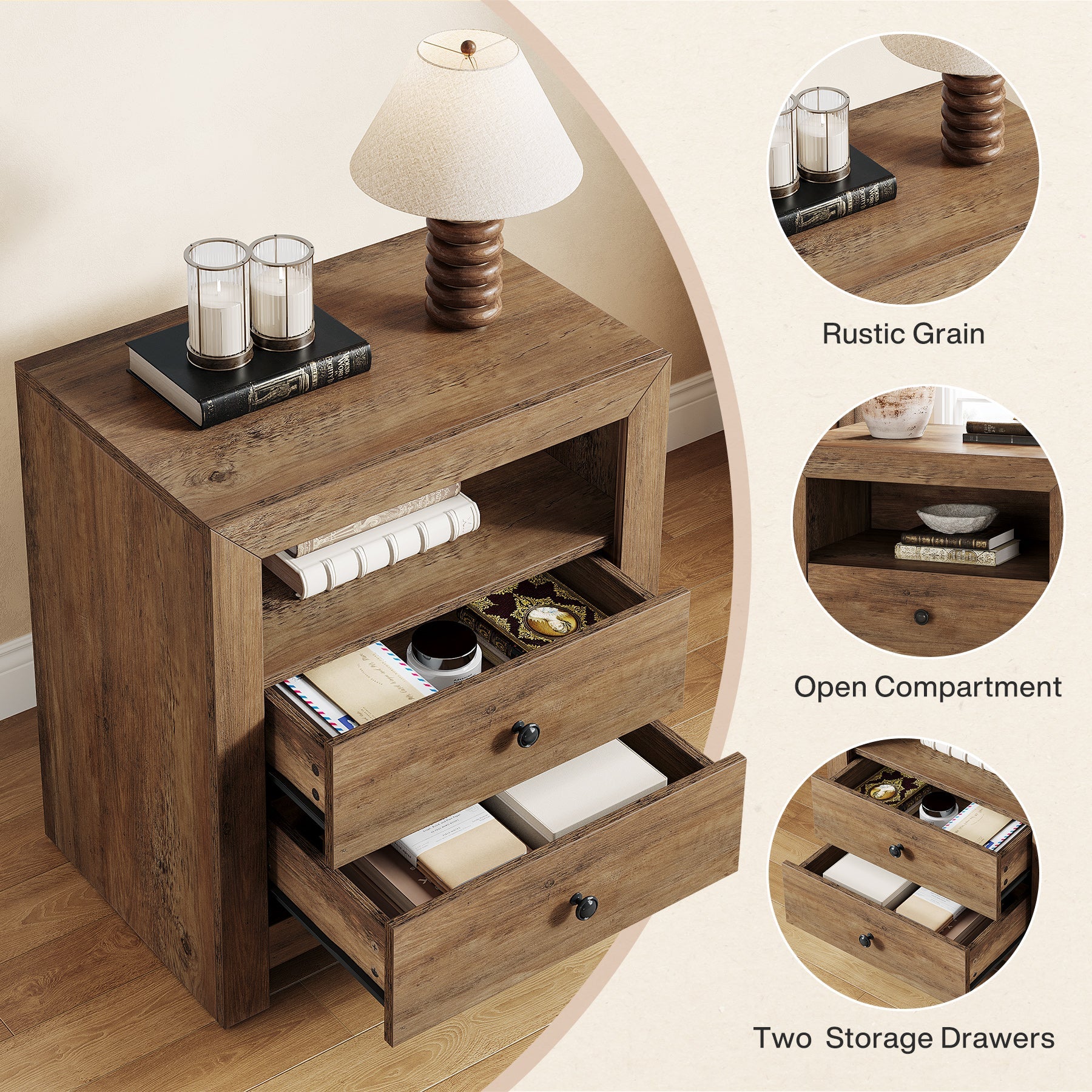 23.6 Inch Rustic Nightstand with 2 Storage Drawers - Wooden Bedside Table for Bedroom, Living Room & Office - Compact End Table with Ample Storage Space