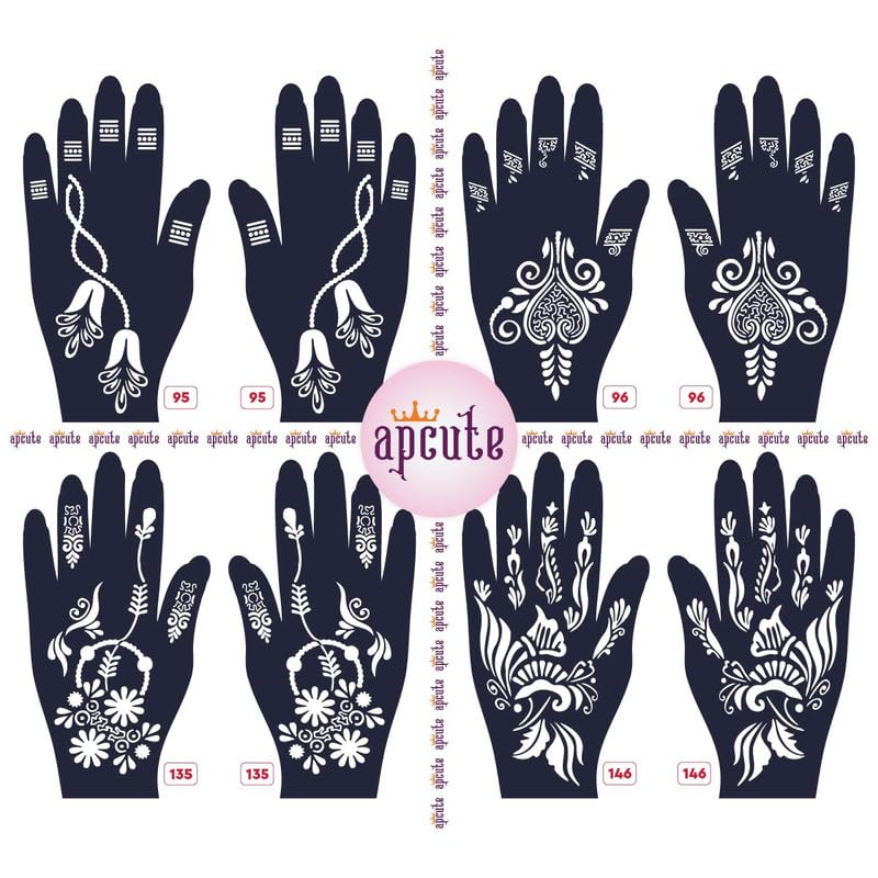 APCute Full Hand Henna Stencils Set of 8 Pieces - Easy 4-Step Temporary Tattoo Stickers for Women & Girls | Perfect for Weddings, Festivals & Mehndi Parties (Designs 95-96-135-146)
