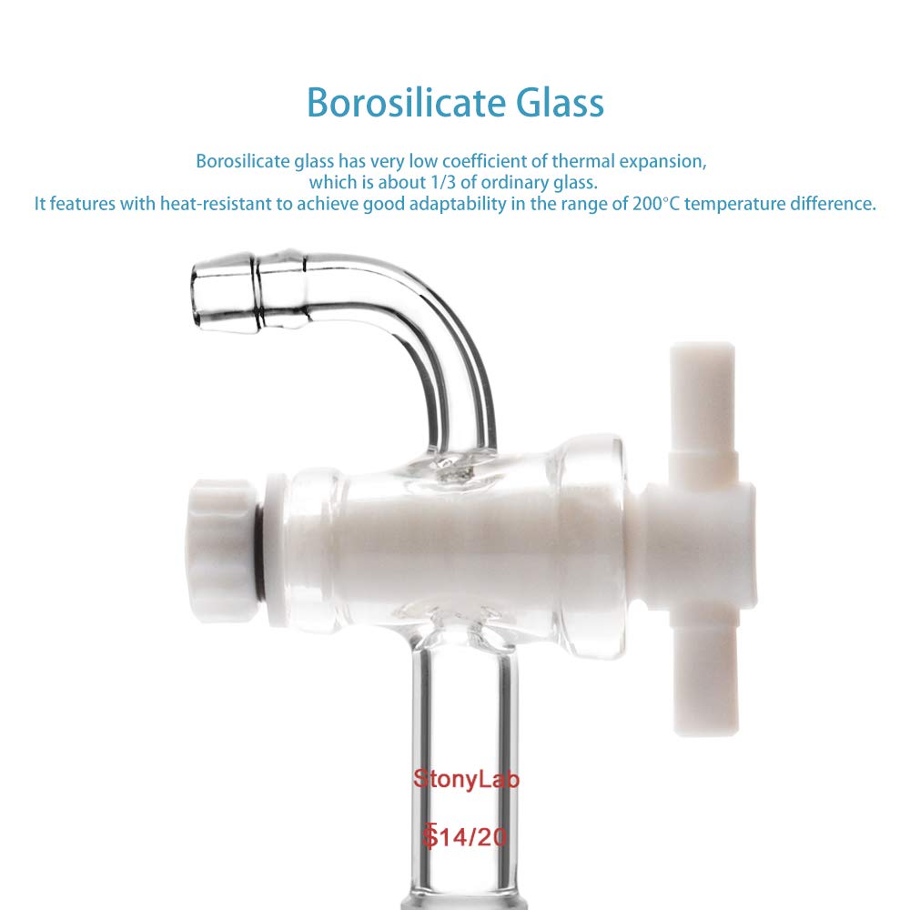 StonyLab PTFE Vacuum Flow Control Adapter with 14/20 Joint & Bent Hose Connector - Laboratory Glassware Accessory for Chemistry Experiments & Distillation Setups