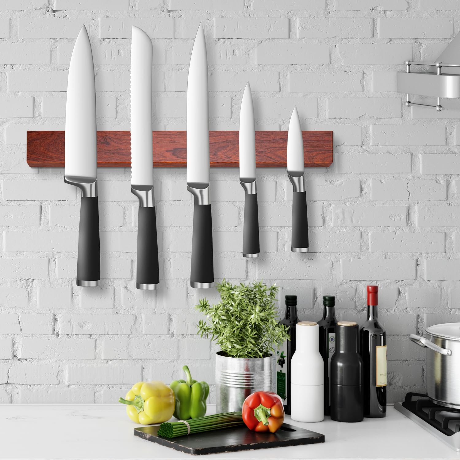 16-Inch Magnetic Knife Holder - Stainless Steel Knife Storage Rack with Wooden Pattern Design | Wall-Mounted Knife Organizer for Kitchen, Restaurant & Home Use