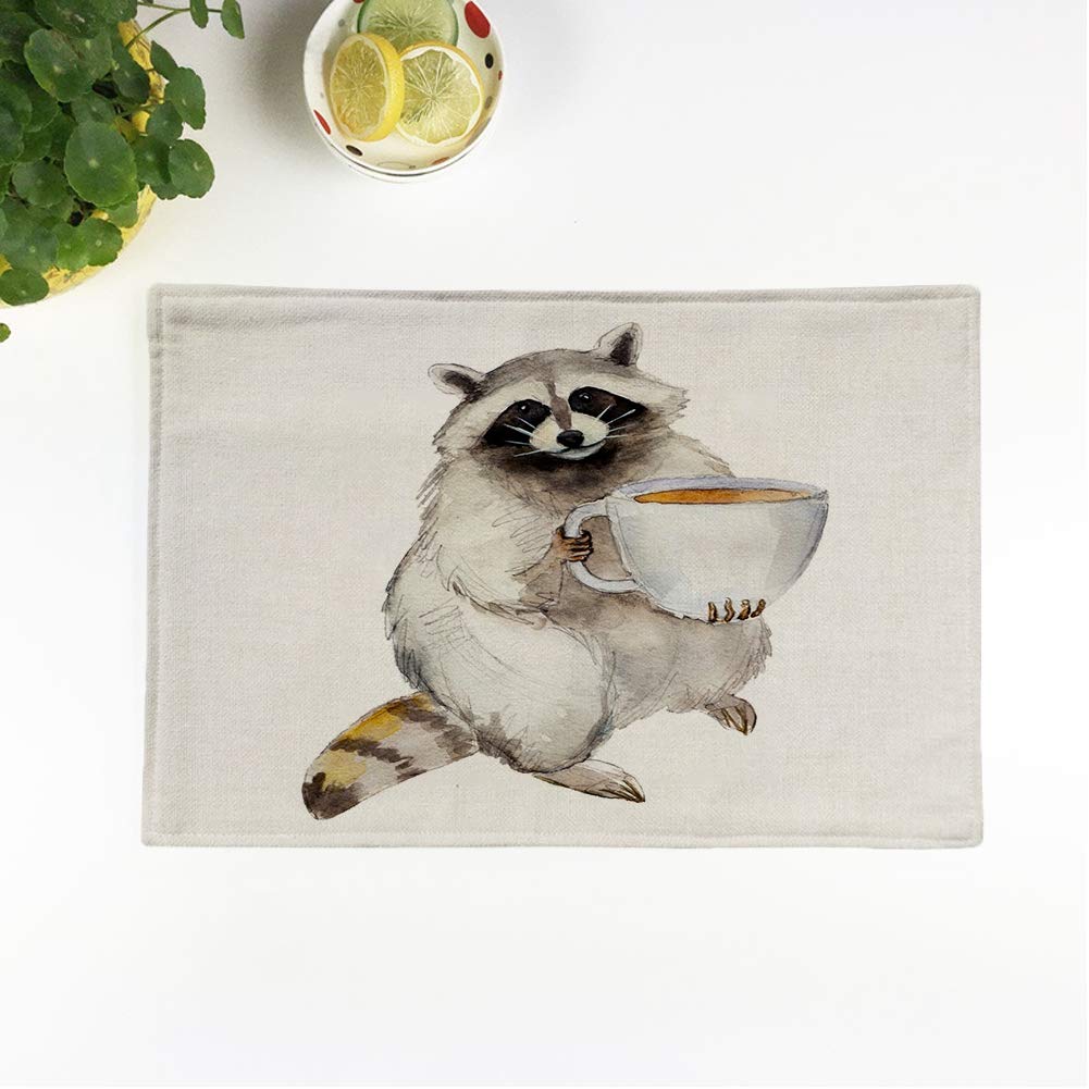 Set of 6 Non-Slip Funny Raccoon Watercolor Placemats - Cute Animal Character Coffee-Themed Dining Mats for Kitchen Table Decor | Perfect for Breakfast, Dinner Parties & Home Decor