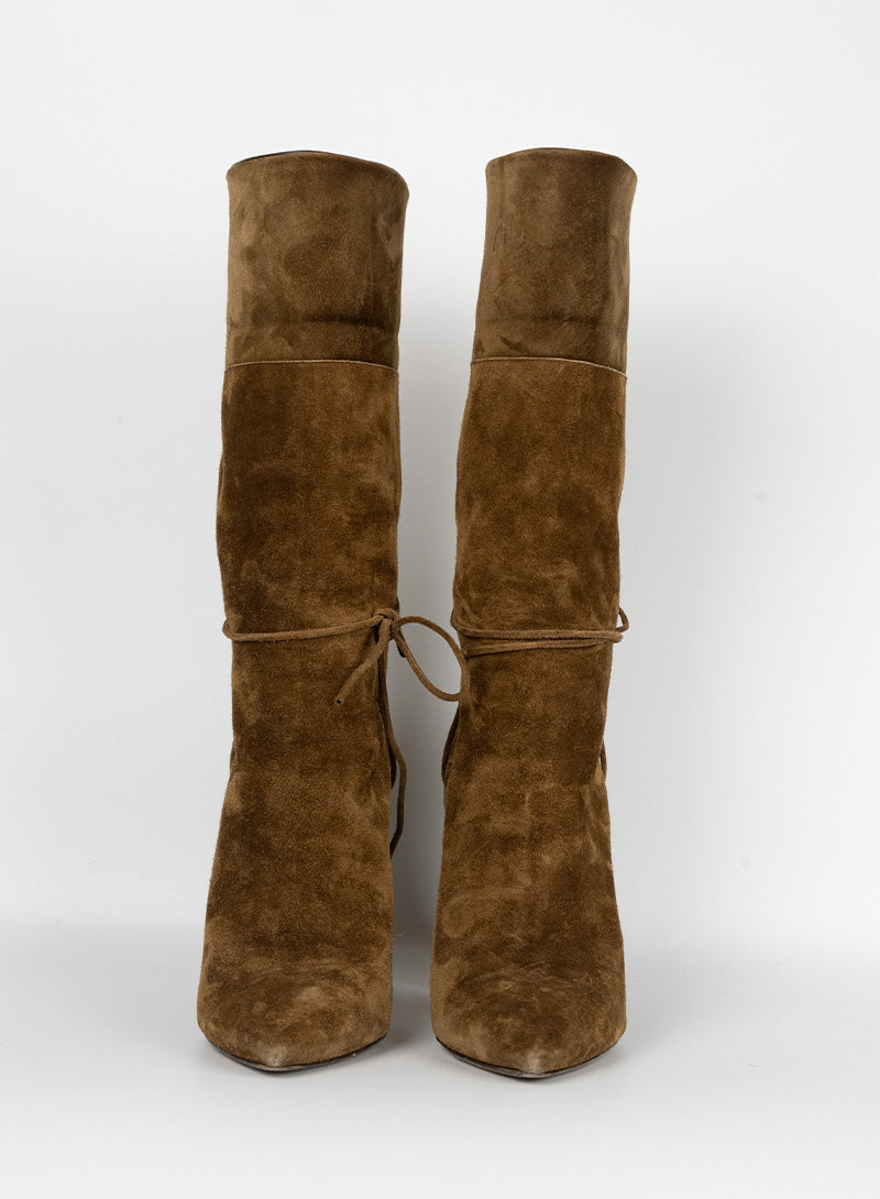Saint Laurent Suede Cognac Boots with Heel - Size 37 | Luxury Women's Ankle Boots for Fall & Winter Fashion