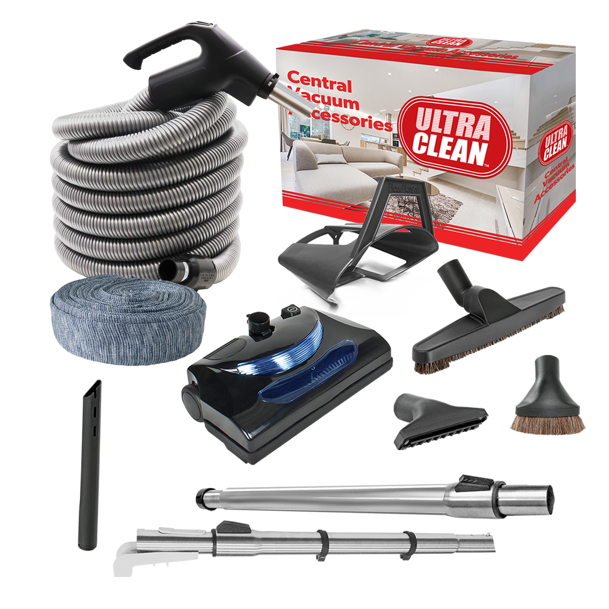 ULTRA CLEAN Universal Central Vacuum Electric Powerhead Kit with 30ft Hose & Deluxe Attachments (Black) - Perfect for Whole-House Cleaning, Carpets & Hard Floors